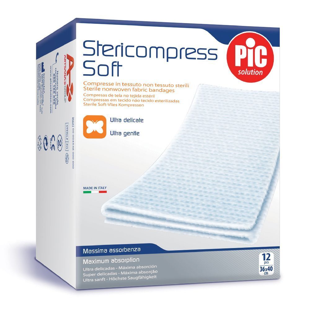 Confezione di Stericompress Soft. Compresse e informazioni sul prodotto. Logo PIC.
