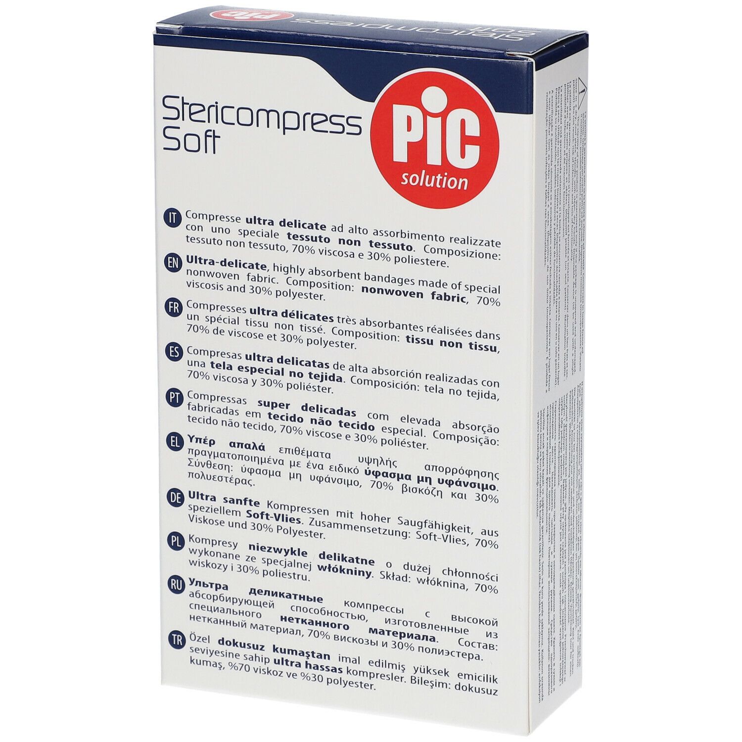 Retro della confezione Stericompress Soft. Informazioni multilingue sul prodotto.