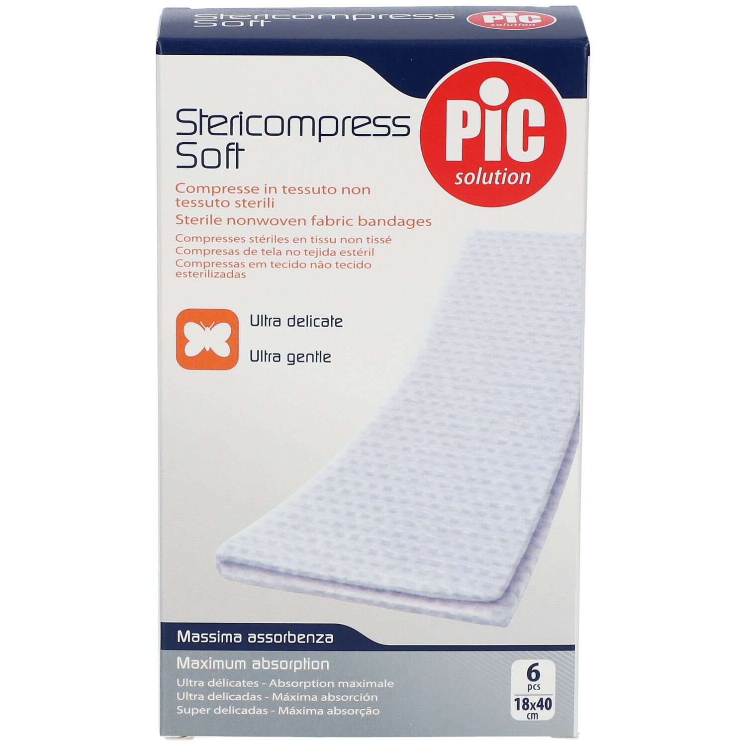 Confezione Stericompress Soft con compresse. 6 pezzi, 18x40 cm. Logo PIC.