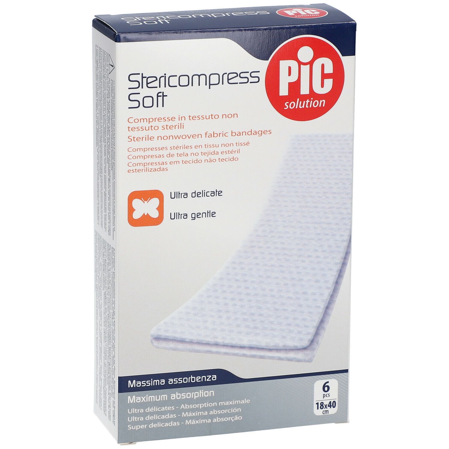 Confezione Stericompress Soft con compresse. 6 pezzi, 18x40 cm. Logo PIC.