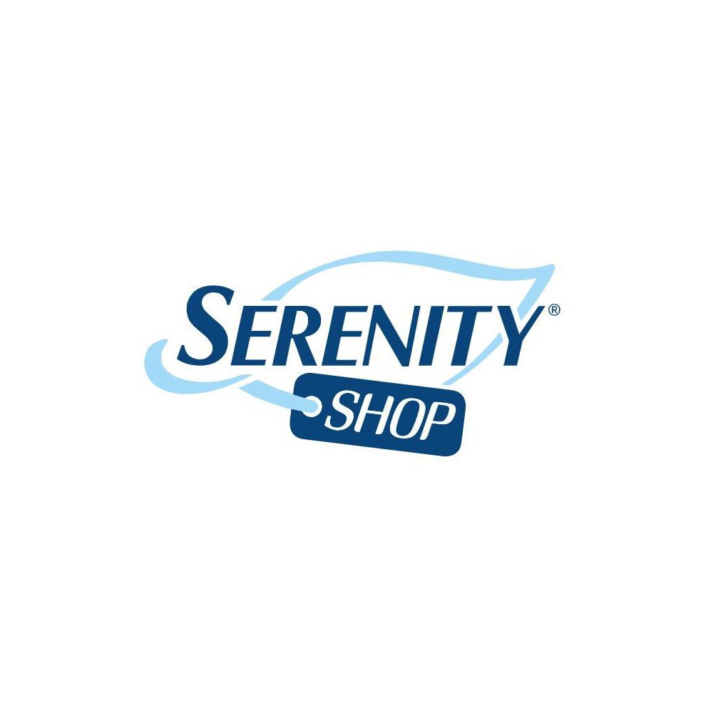 Logo Serenity Shop. Scritta blu. Foglia blu stilizzata sopra il testo.