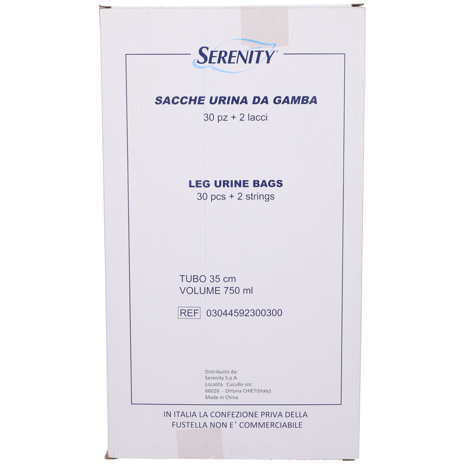 Confezione. Scritta: Sacche Urina Da Gamba, 30 pezzi + 2 lacci. Volume 750 ml.