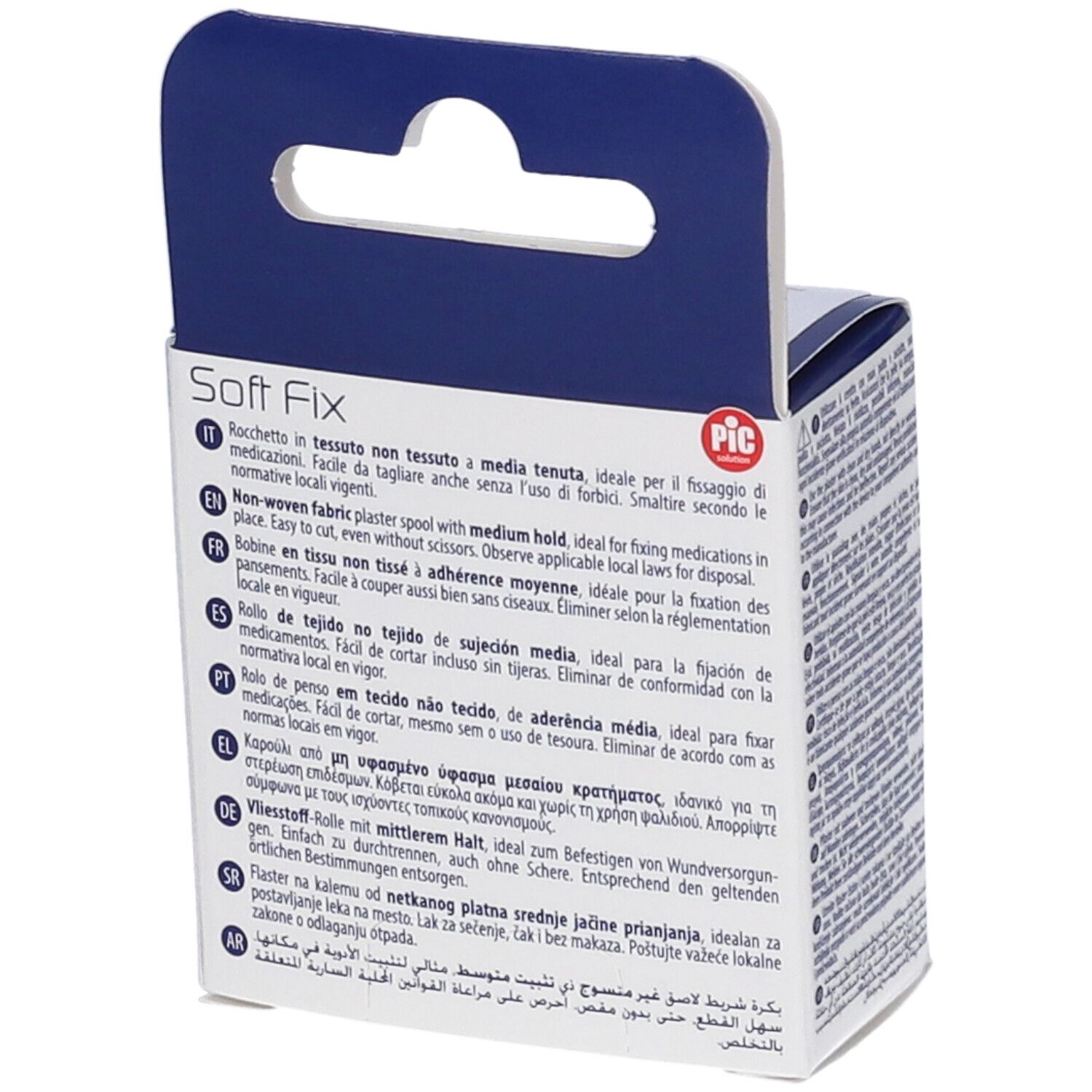 Soft Fix Vlies-Pflasterrolle mit Klebeband, ideal für Medikamentenbefestigung.