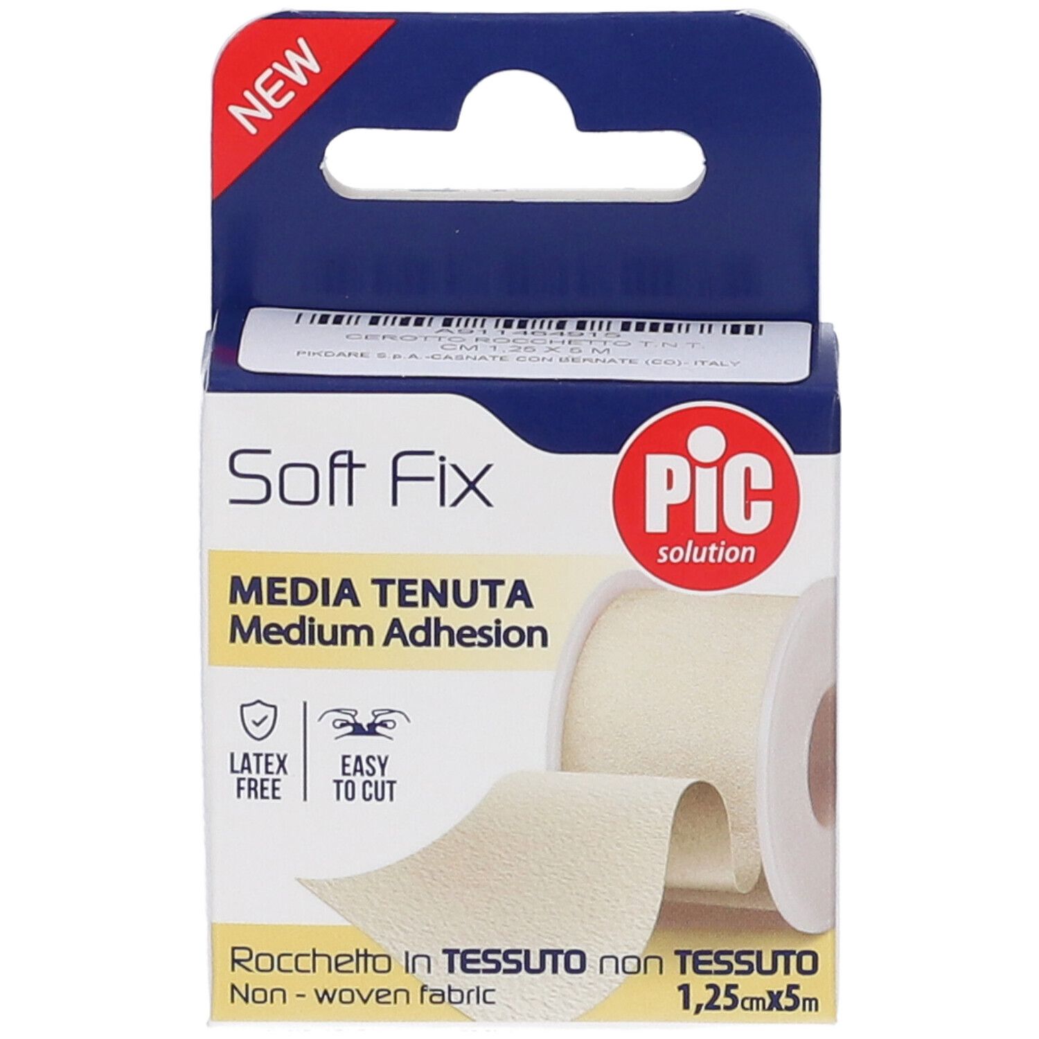 Soft Fix Vlies-Pflasterrolle mit Klebeband, ideal für Medikamentenbefestigung.