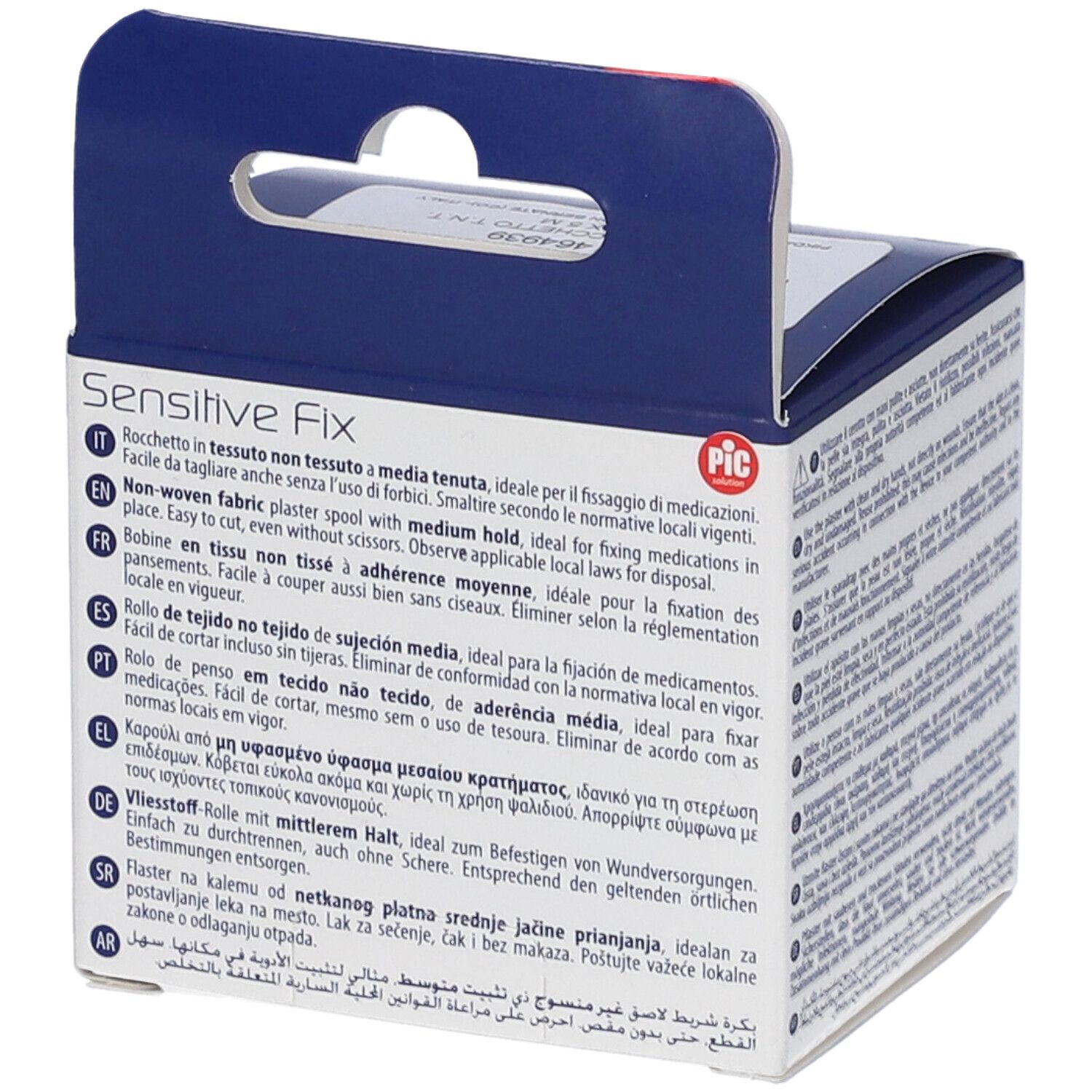 Rückseite der Verpackung von Sensitive Fix. Text mit Produktinformationen in verschiedenen Sprachen. PIC-Logo.