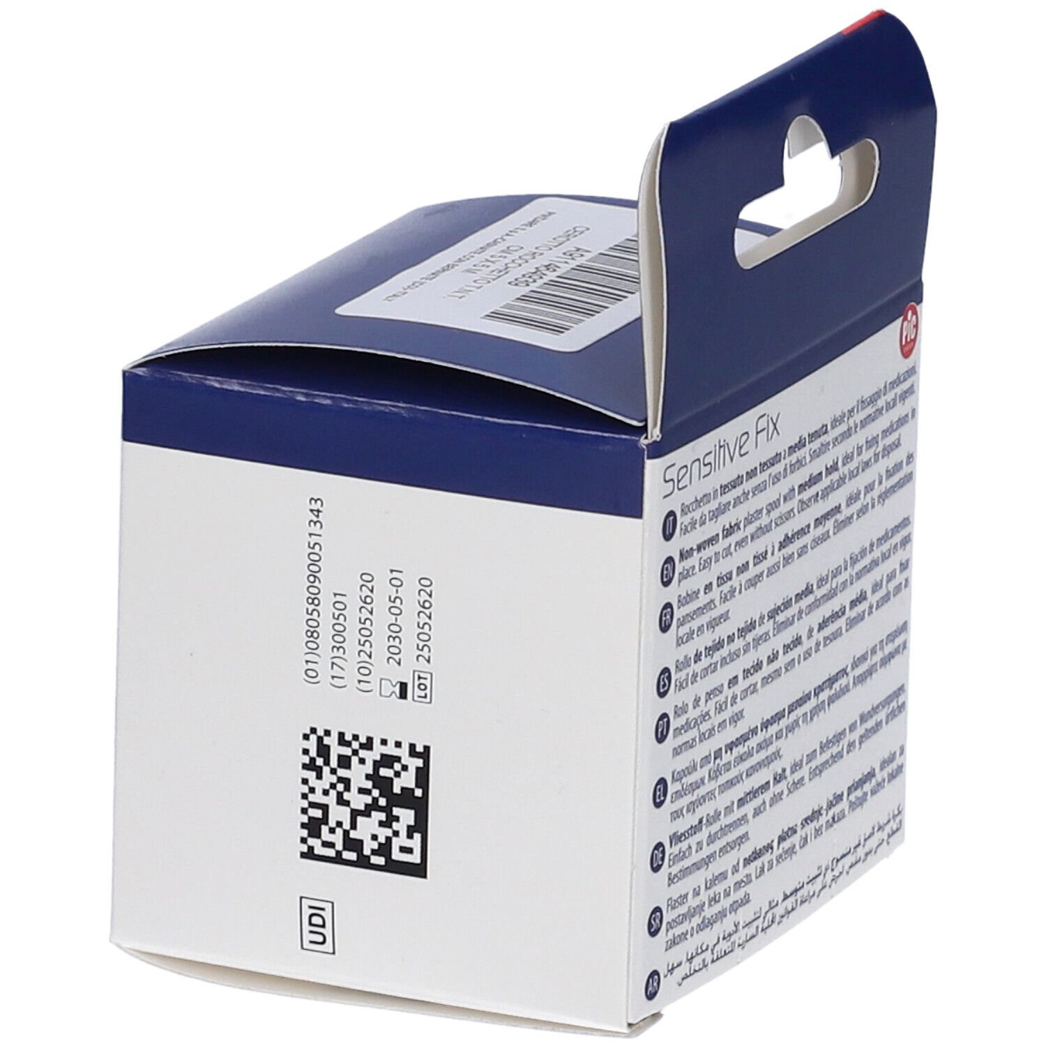 Rückseite der Verpackung mit Barcode und Produktionsdaten. UDI-Code. Informationen zu Haltbarkeit und Chargennummer.