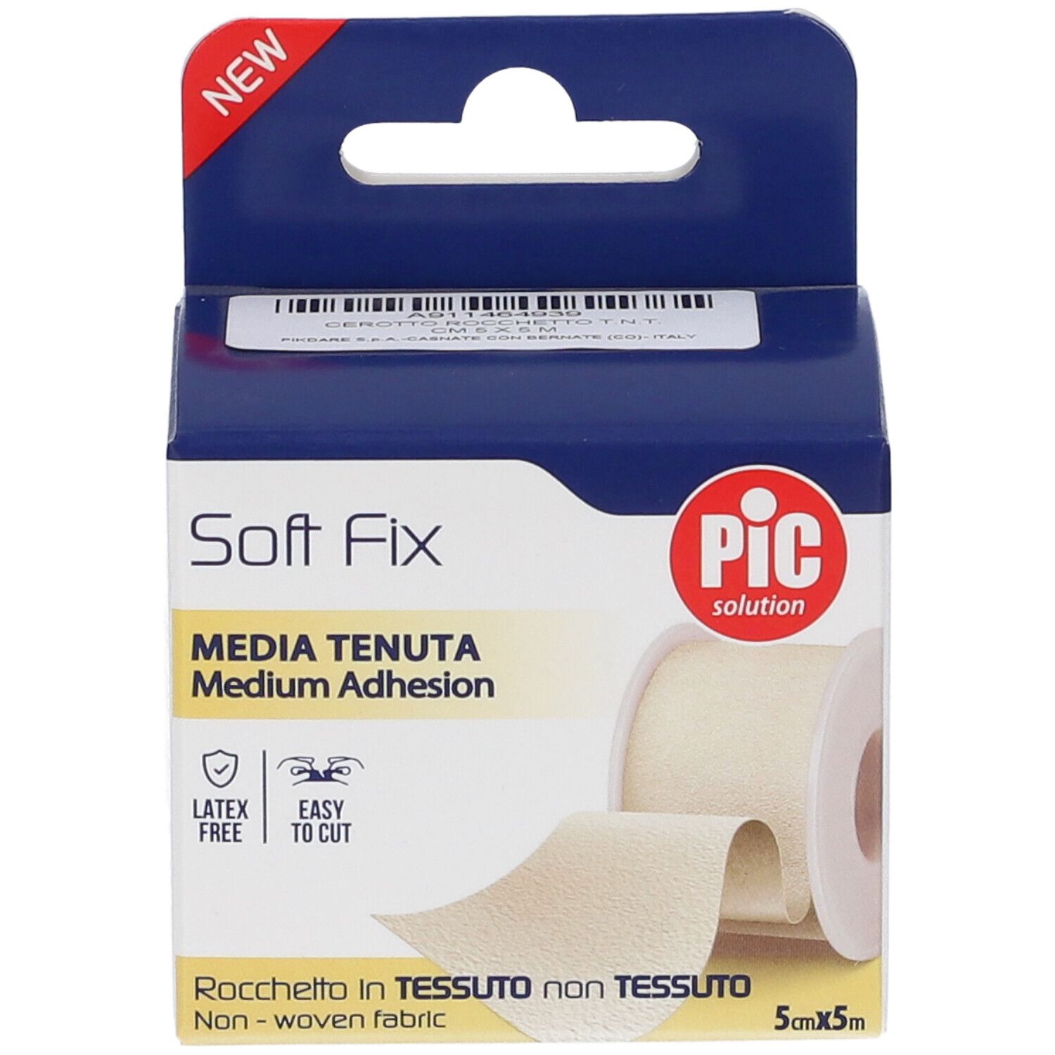 Verpackung von PIC Soft Fix Cerotto. Medium Adhesion. Rolle aus Vliesstoff. 5x500 cm. Latex-frei. Einfach zu schneiden. PIC-Logo.