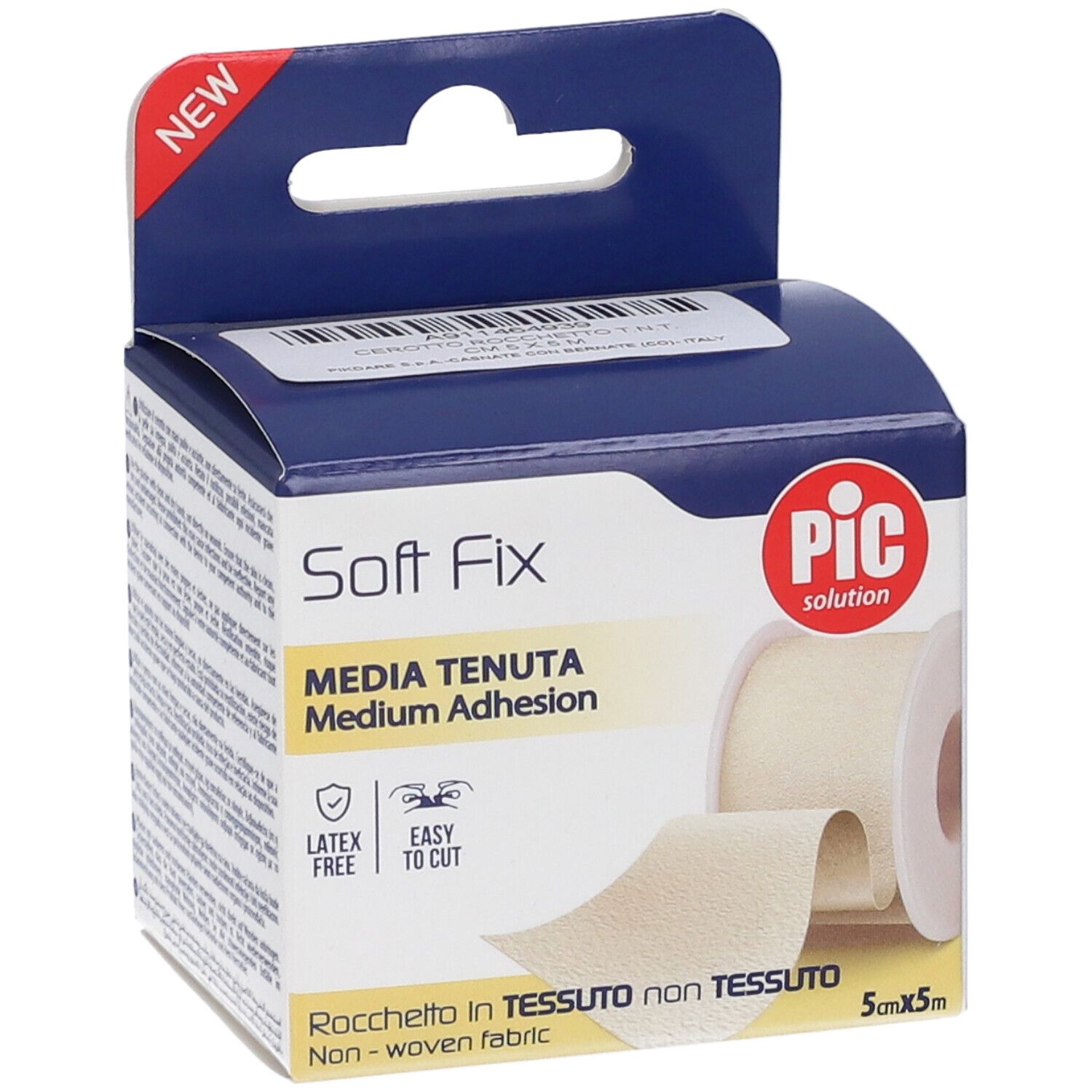 Verpackung von PIC Soft Fix Cerotto. Medium Adhesion. Rolle aus Vliesstoff. 5x500 cm. Latex-frei. Einfach zu schneiden. PIC-Logo.