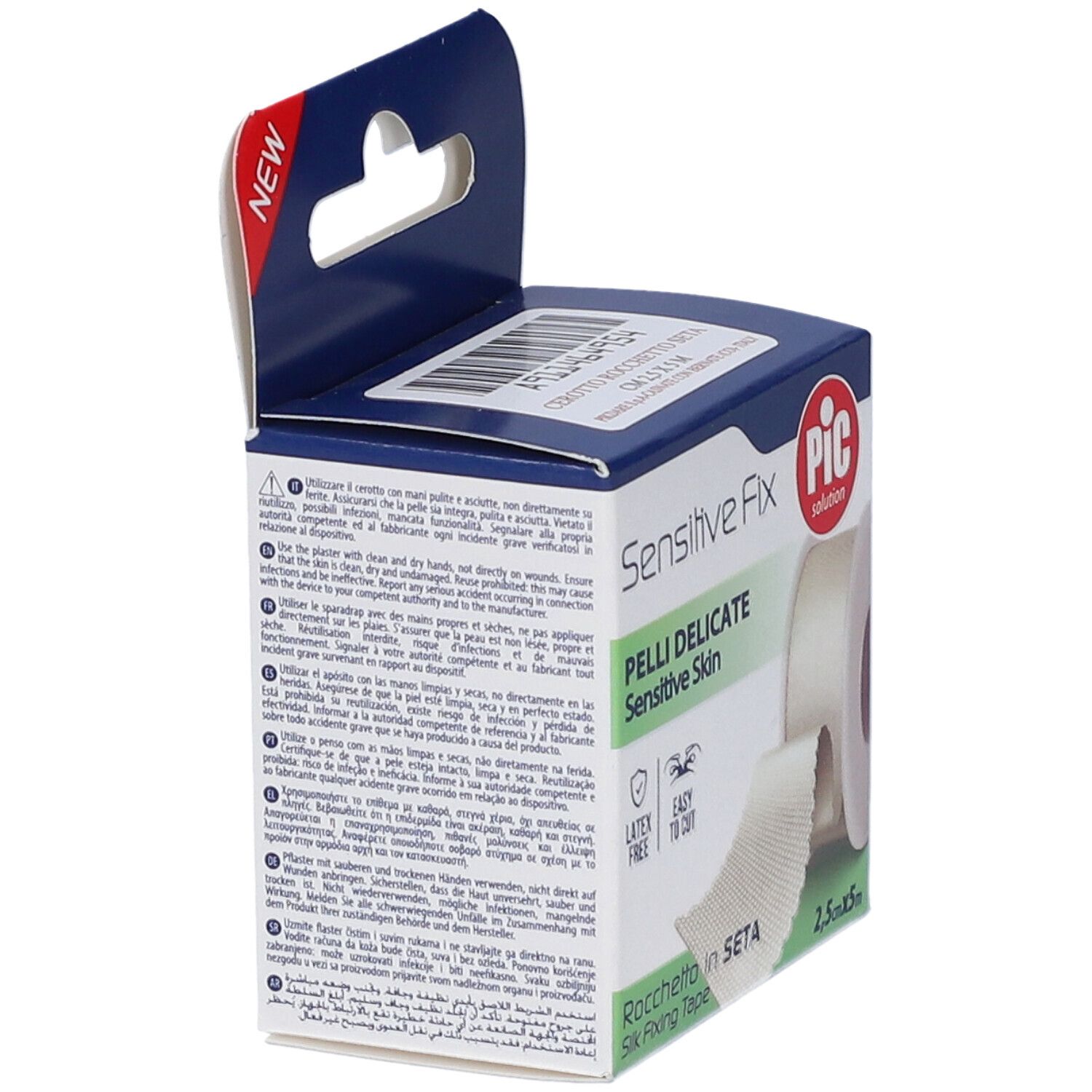 Verpackung für PIC Sensitive Fix Seidenpflaster, 2,5cm x 5m, für empfindliche Haut.