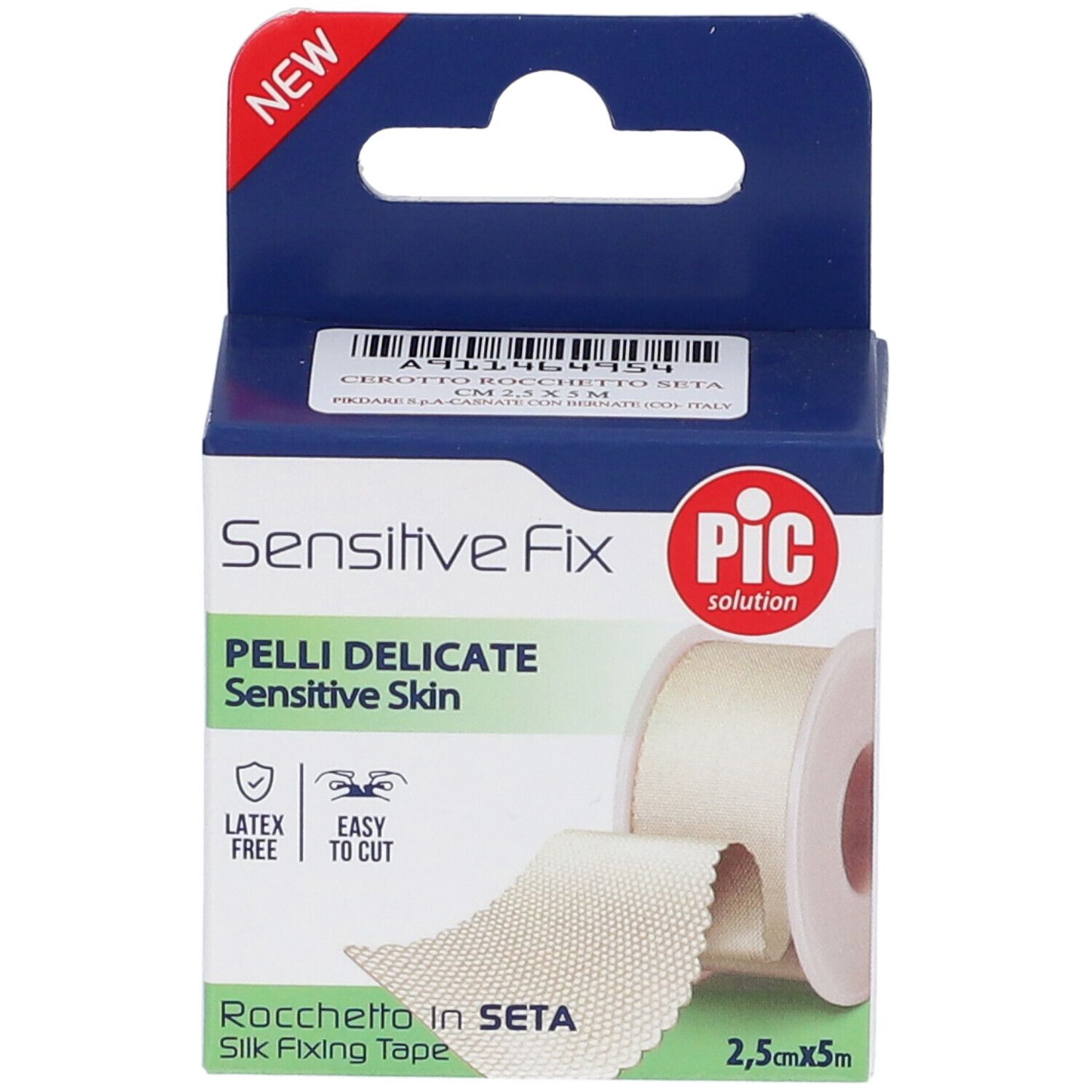 Verpackung für PIC Sensitive Fix Seidenpflaster, 2,5cm x 5m, für empfindliche Haut.