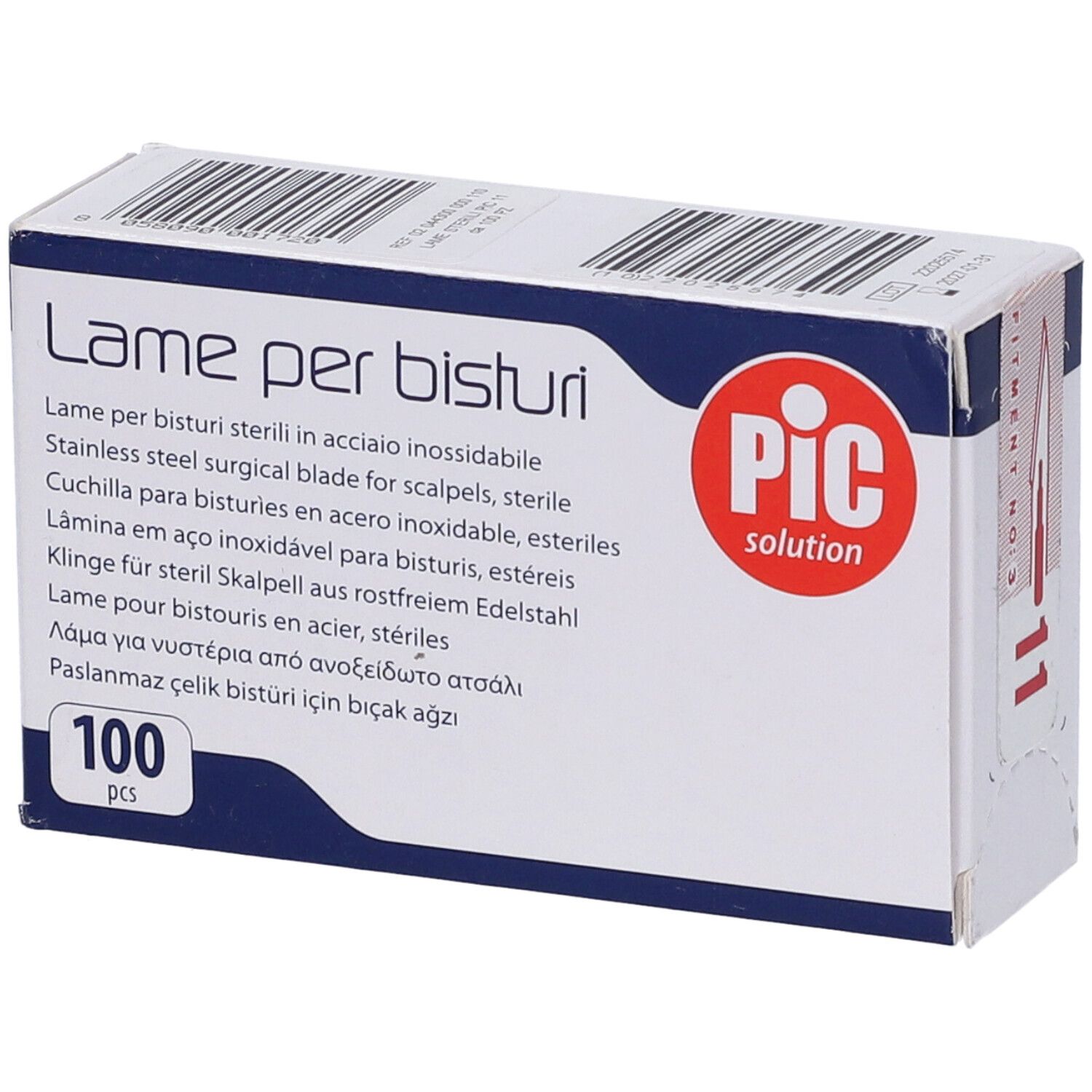 Scatola di lame per bisturi sterili. Marchio PIC solution. Contiene 100 pezzi. Acciaio inossidabile.