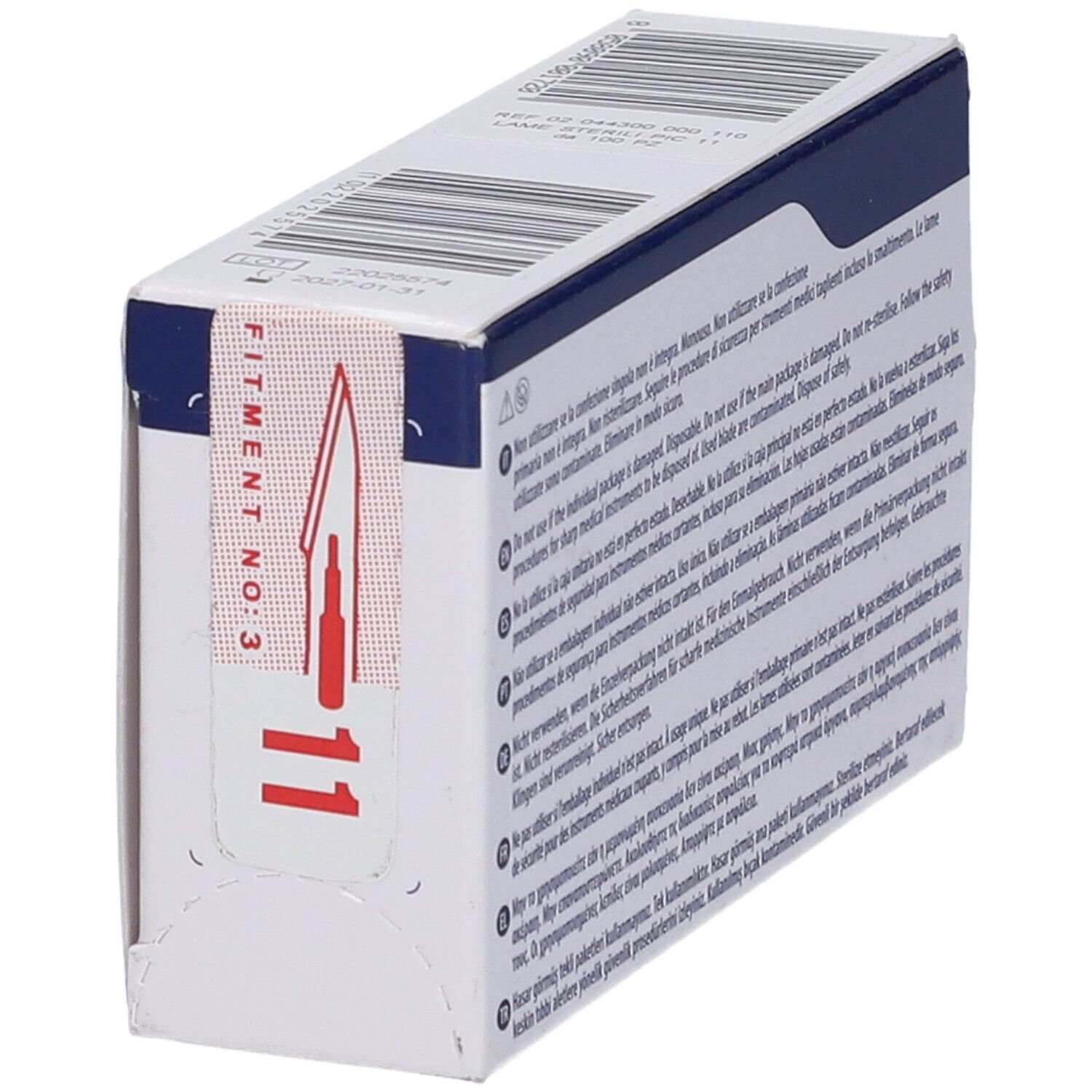 Scatola di lame per bisturi. Adesivo con Fitment No. 3 e simbolo del bisturi.