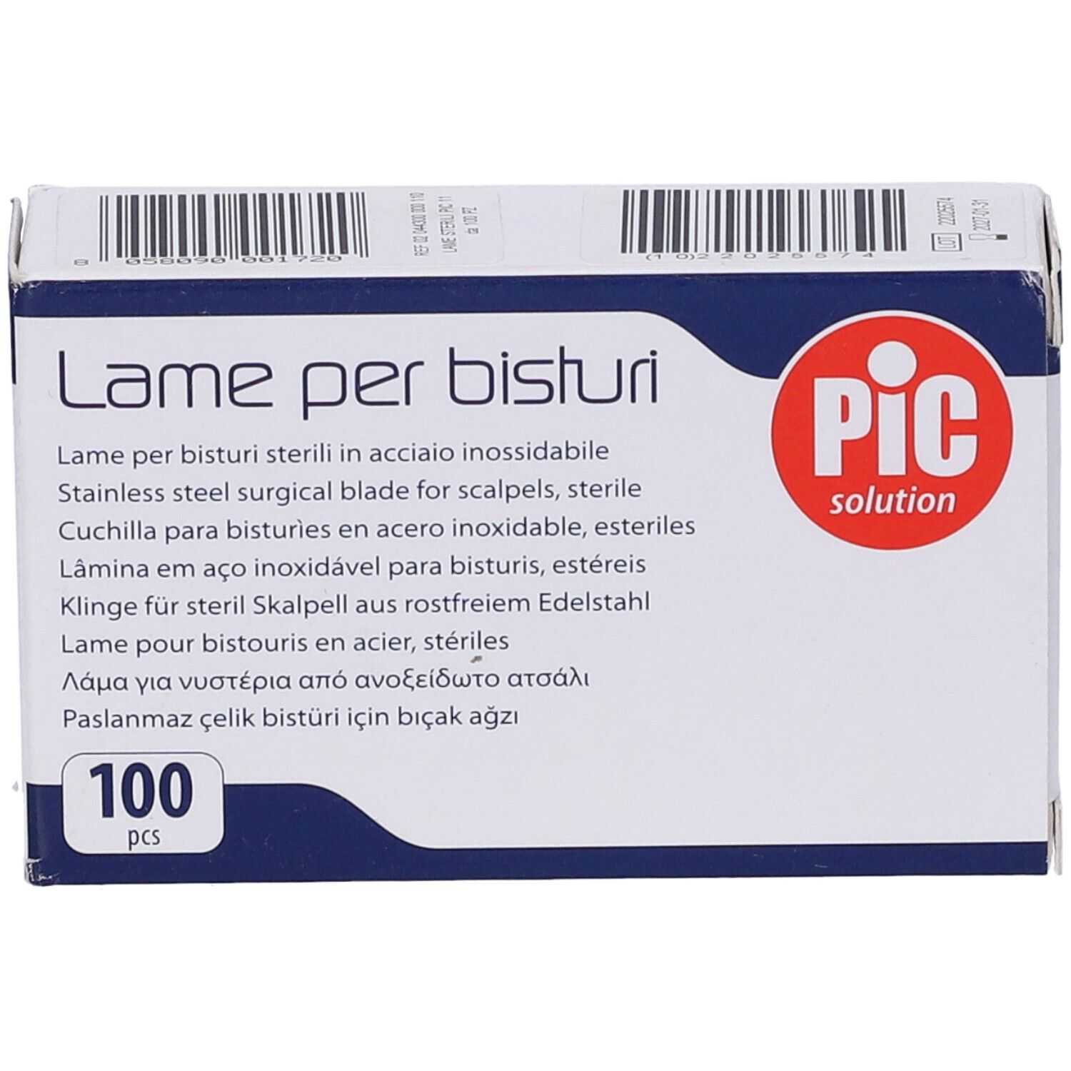 Scatola di lame per bisturi sterili. Marchio PIC solution. Contiene 100 pezzi. Acciaio inossidabile.