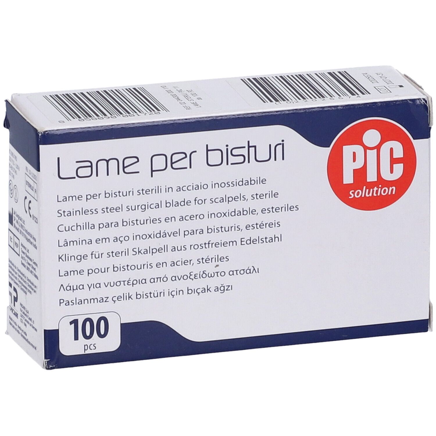 Scatola di lame per bisturi sterili. Marchio PIC solution. Contiene 100 pezzi. Acciaio inossidabile.