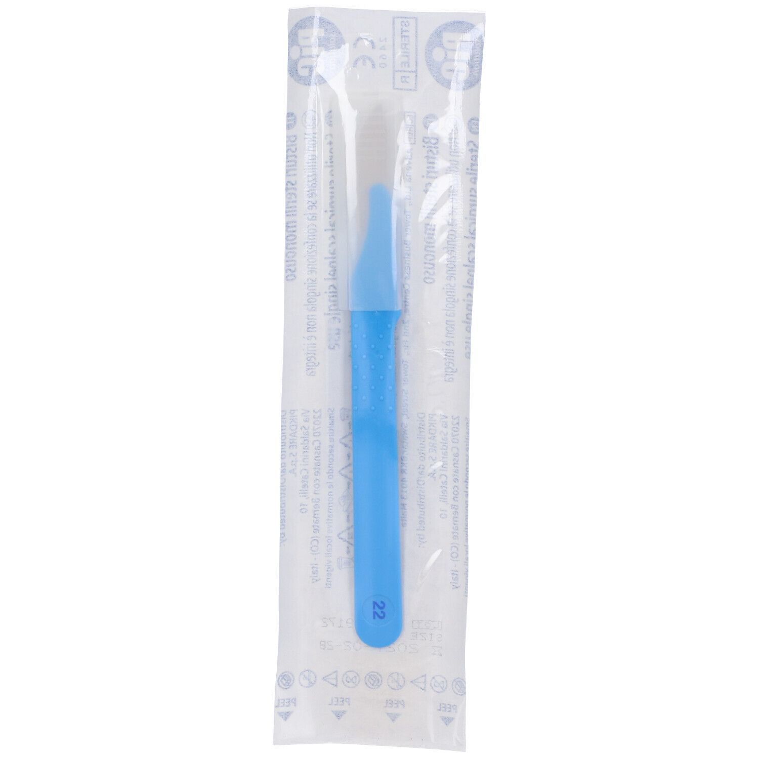 Bisturi sterile in confezione trasparente. Manico blu, misura 22. Confezione con stampa.
