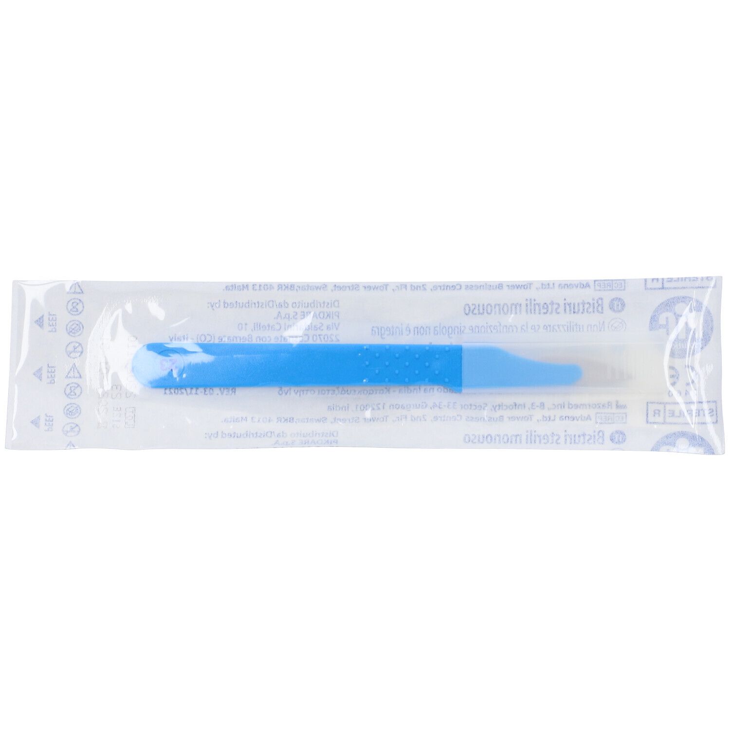 Bisturi sterile in confezione trasparente. Impugnatura blu visibile. Confezione singola.