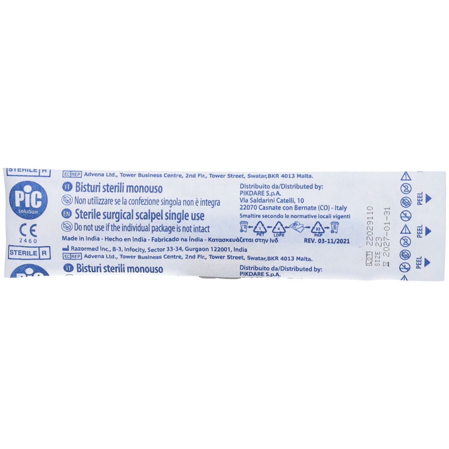 Confezione di bisturi sterile monouso. Testo: PIC, sterile, Bisturi sterili monouso.