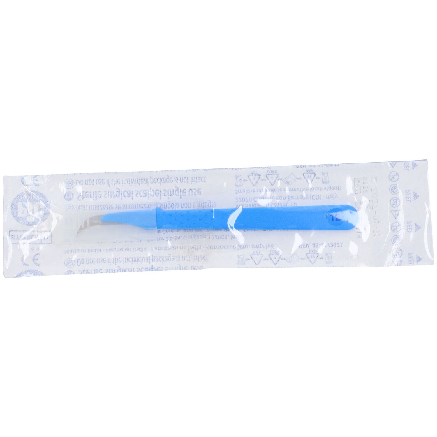 Bisturi sterile monouso in confezione sigillata. Manico blu, lama visibile.