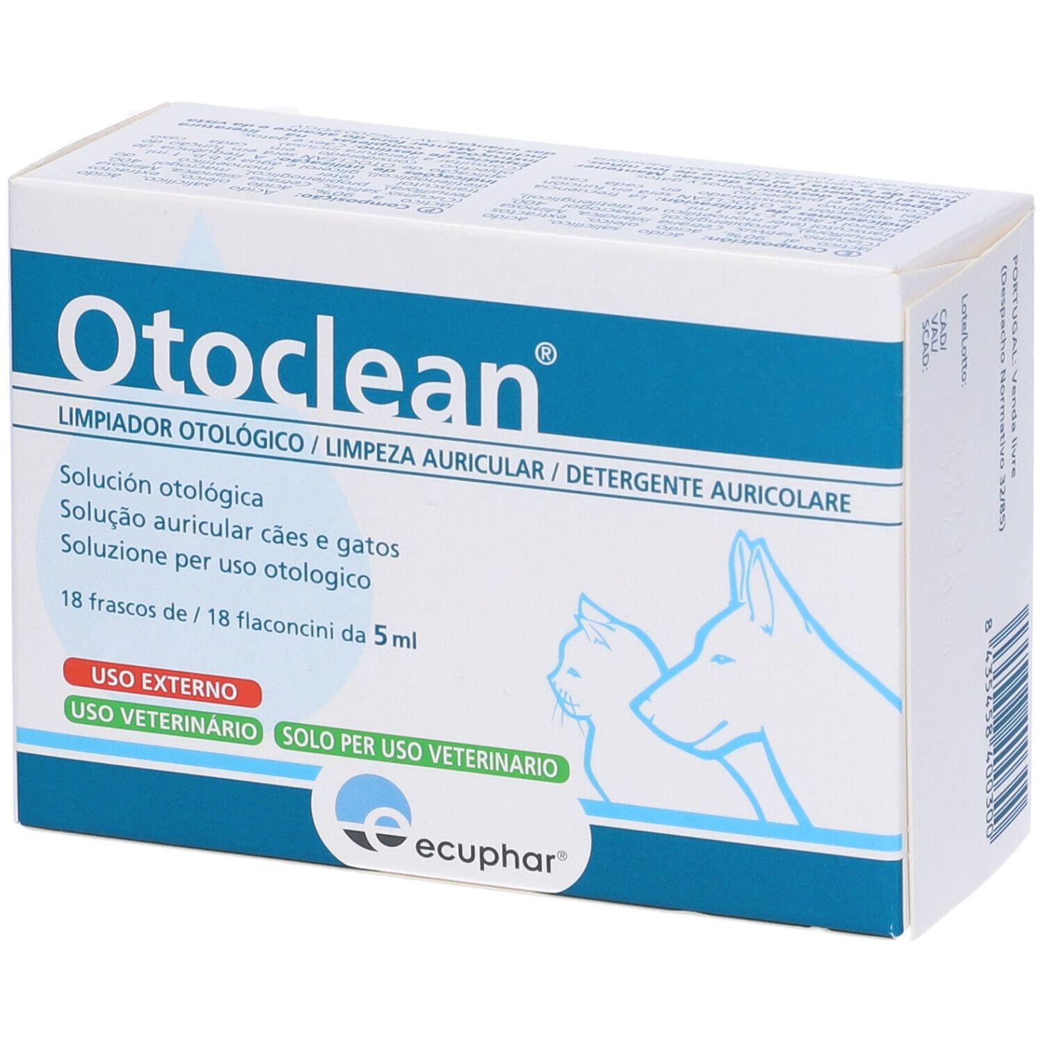 Confezione Otoclean. Scritta Otoclean. Per cani e gatti. 18 flaconi. Logo Ecphar.