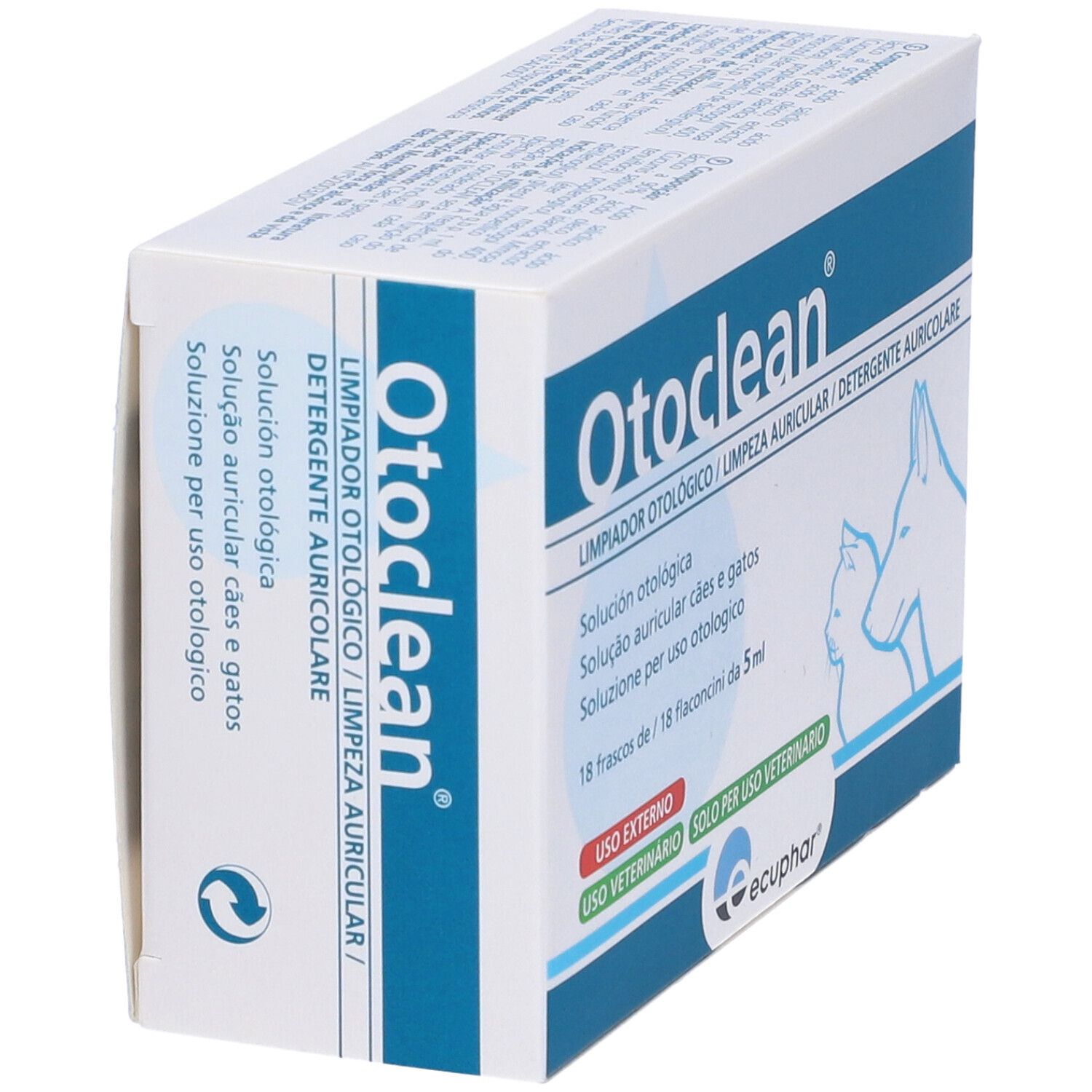 Confezione Otoclean. Scritta Otoclean. Per cani e gatti. 18 flaconi. Logo Ecphar.