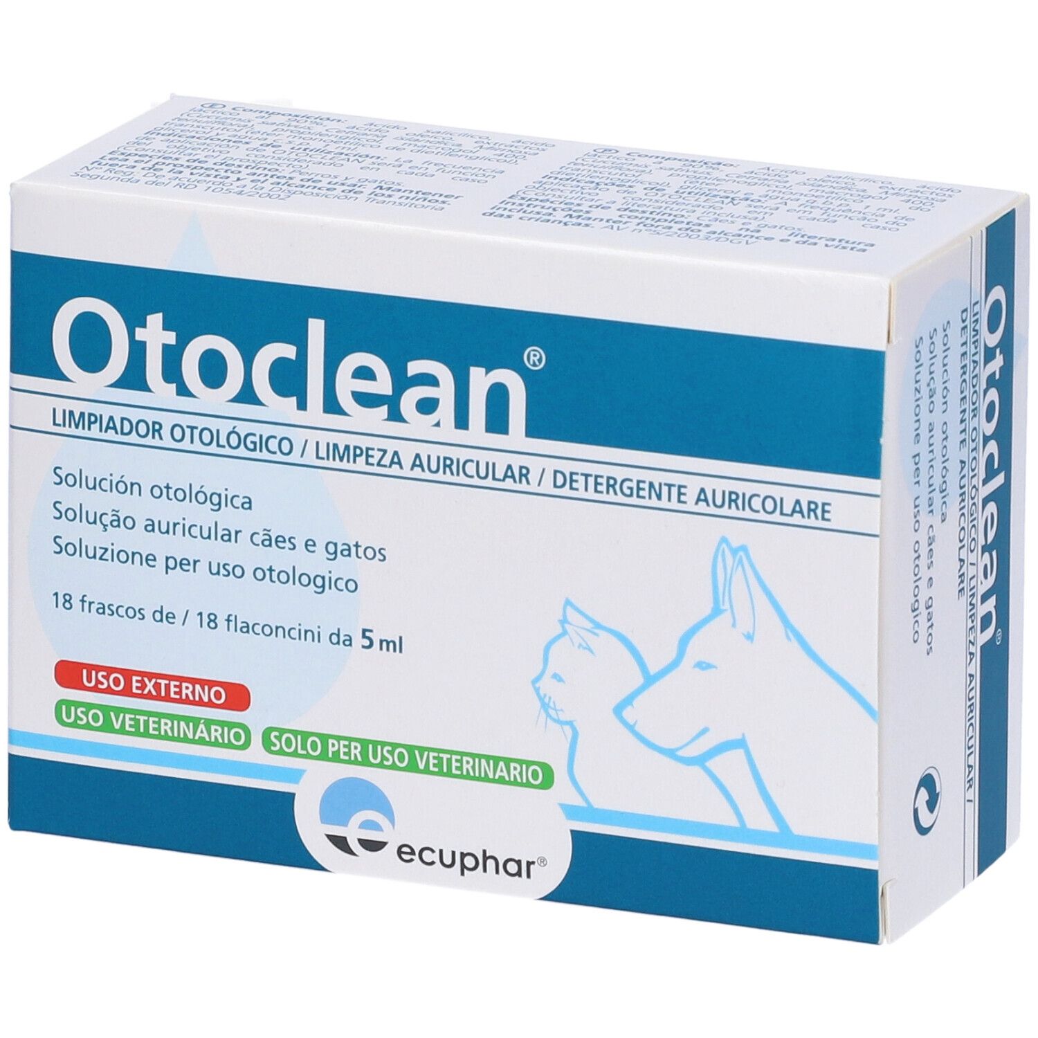 Confezione Otoclean. Scritta Otoclean. Per cani e gatti. 18 flaconi. Logo Ecphar.