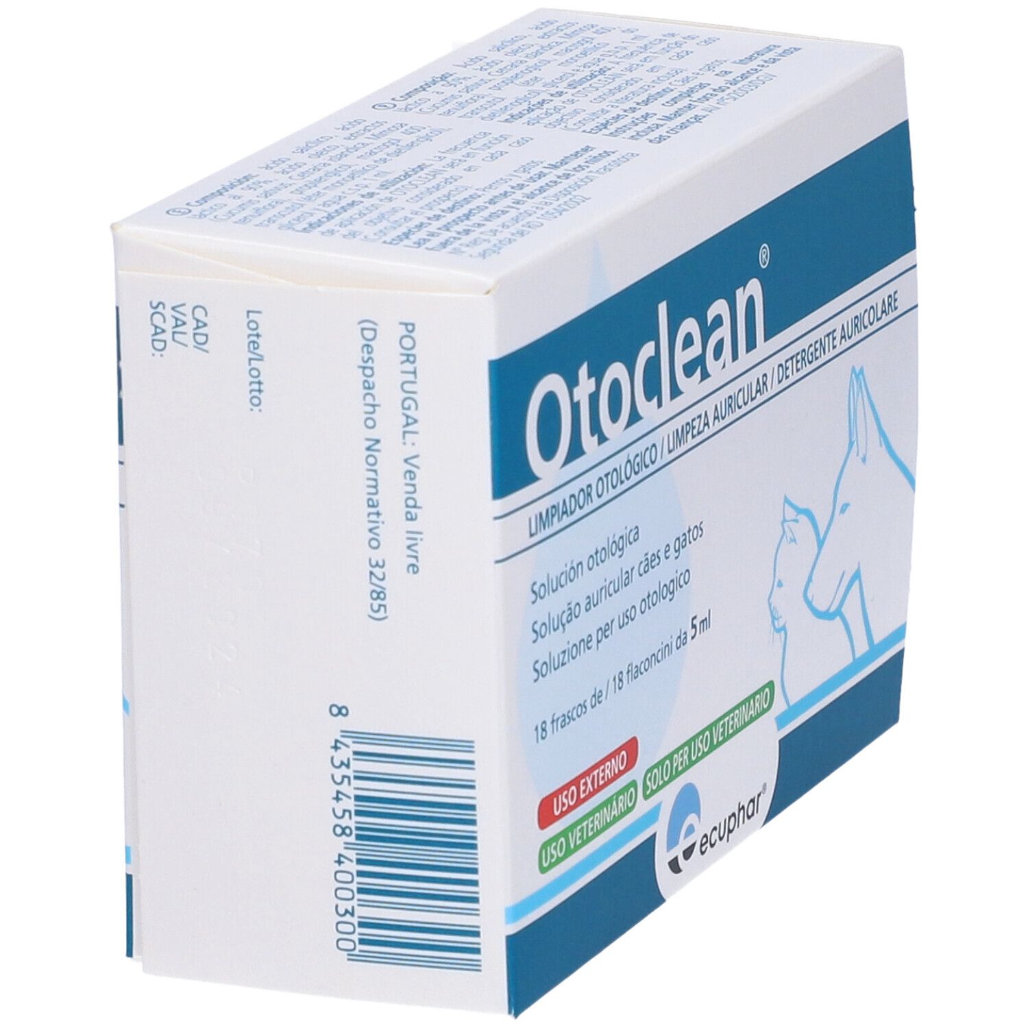 Confezione Otoclean. Scritta Otoclean. Per cani e gatti. 18 flaconi. Logo Ecphar.
