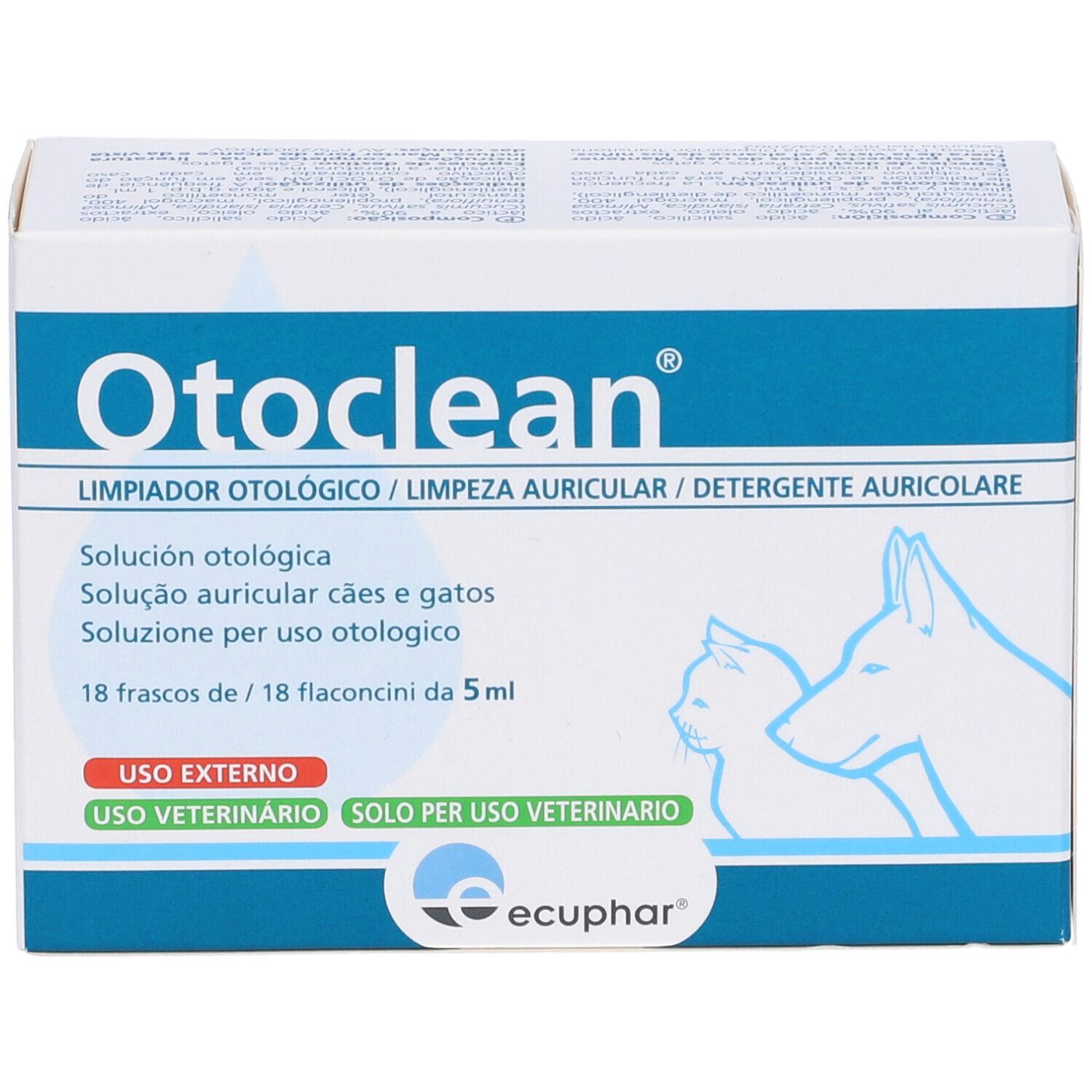 Confezione Otoclean. Scritta Otoclean. Per cani e gatti. 18 flaconi. Logo Ecphar.