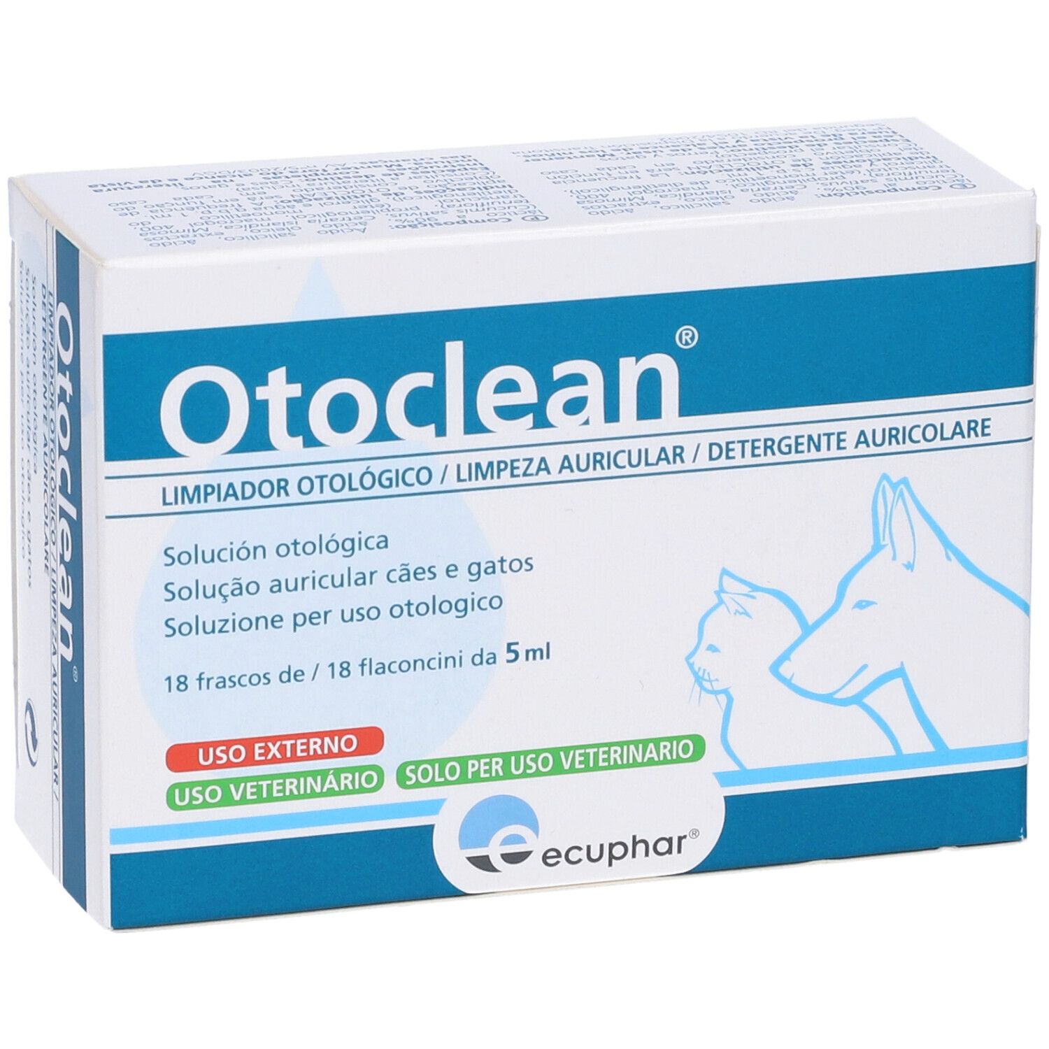 Confezione Otoclean. Scritta Otoclean. Per cani e gatti. 18 flaconi. Logo Ecphar.