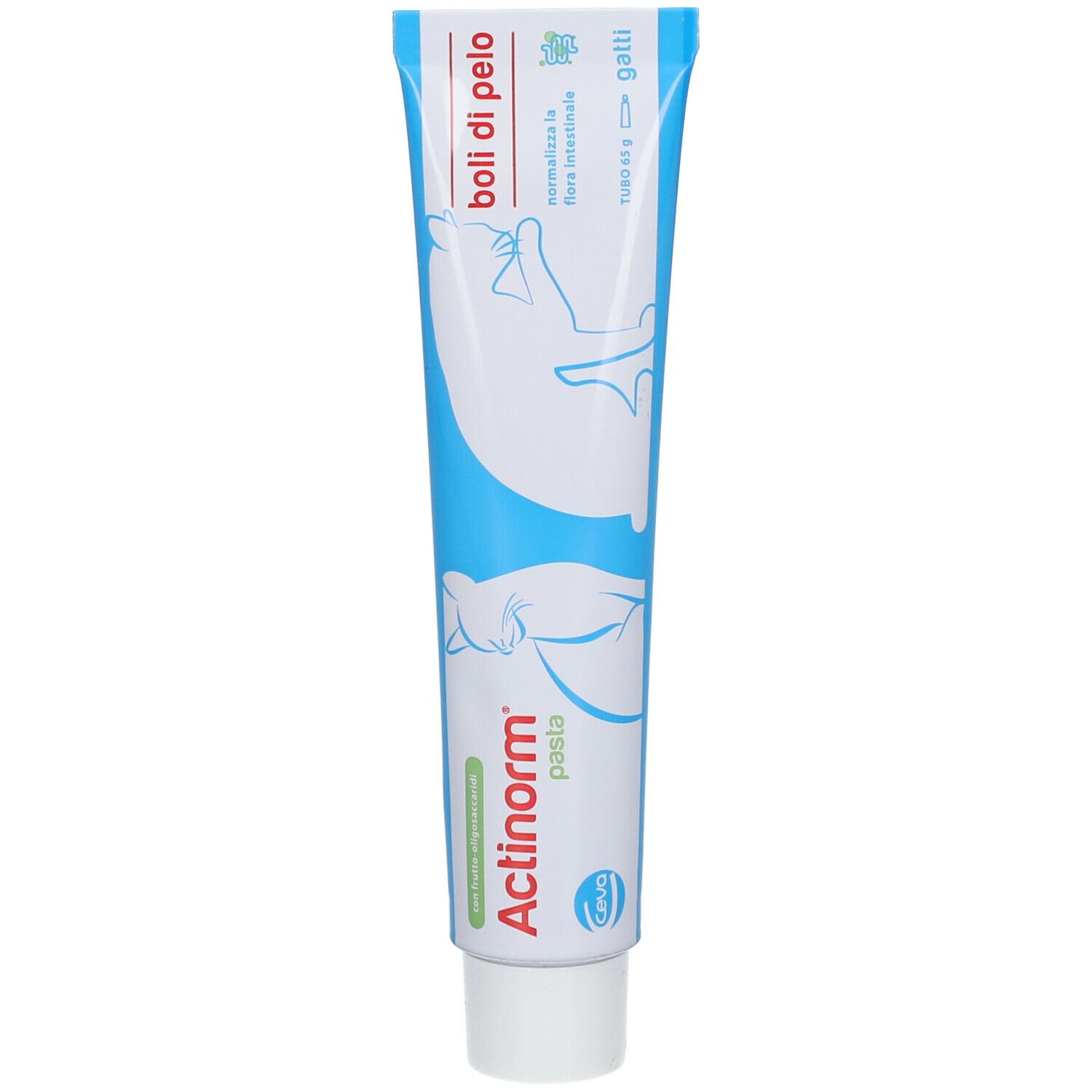 Tubo con nome e logo del prodotto. Confezione blu e bianca. Testo: Actinorm pasta gatti.
