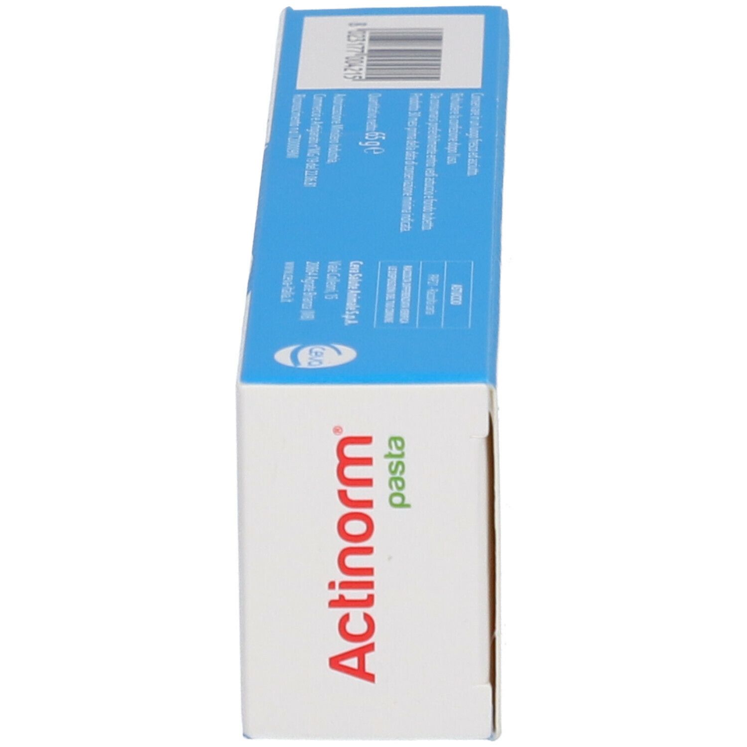 Confezione del prodotto. Confezione blu e bianca. Testo: Actinorm pasta.