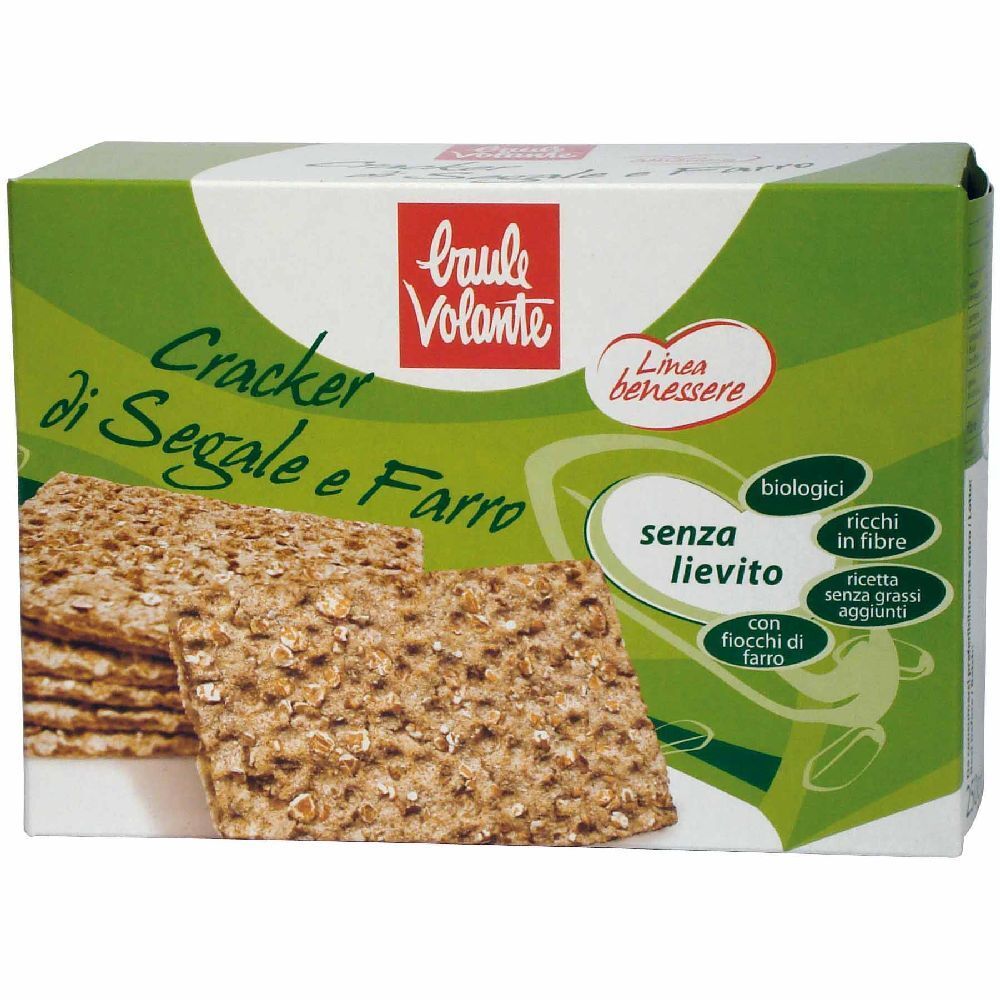 Confezione di cracker di segale e farro. Scritta: Cracker di Segale e Farro, senza lievito, biologico, ricco di fibre.