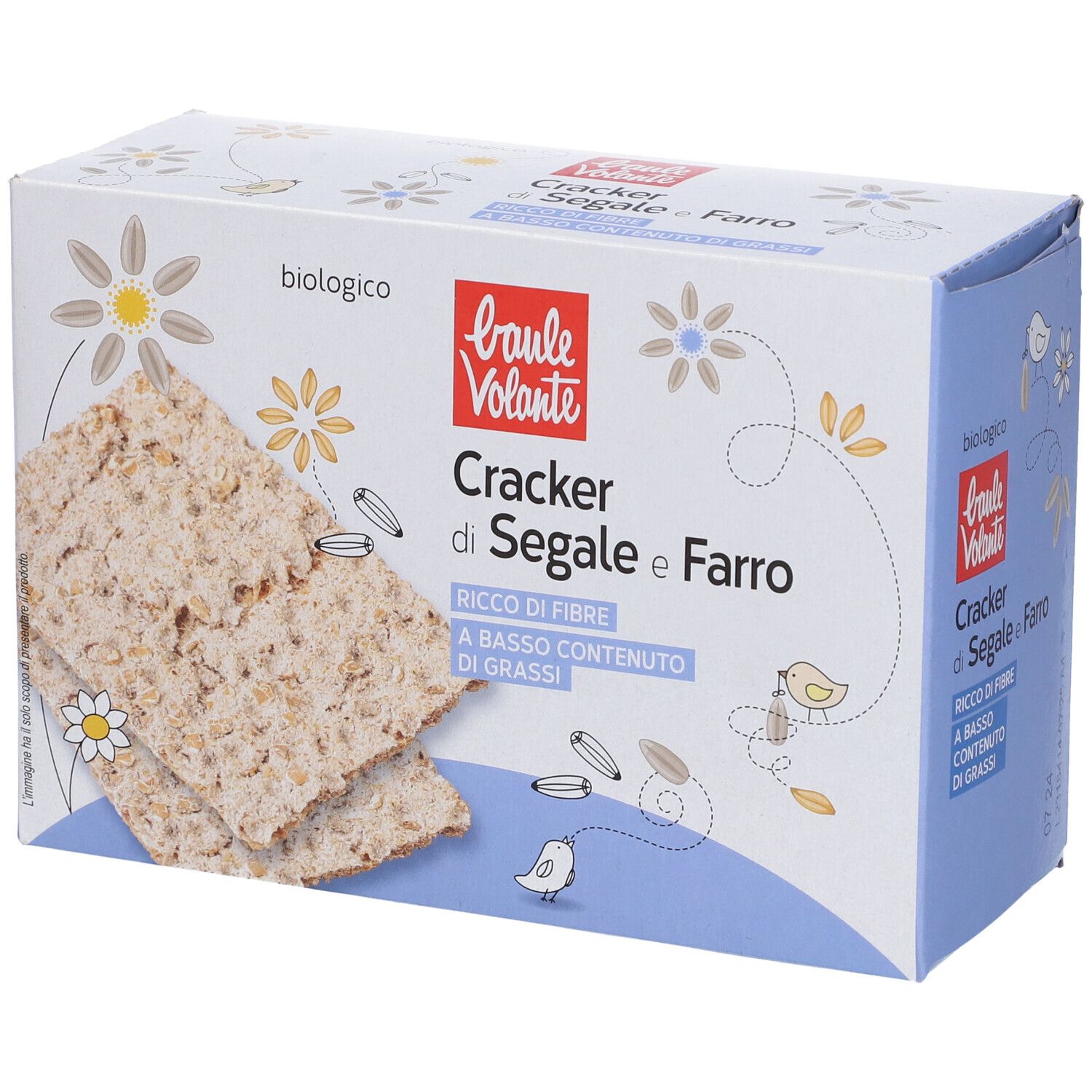 Confezione di cracker di segale e farro. Scritta: Cracker di Segale e Farro, ricco di fibre, a basso contenuto di grassi, biologico.