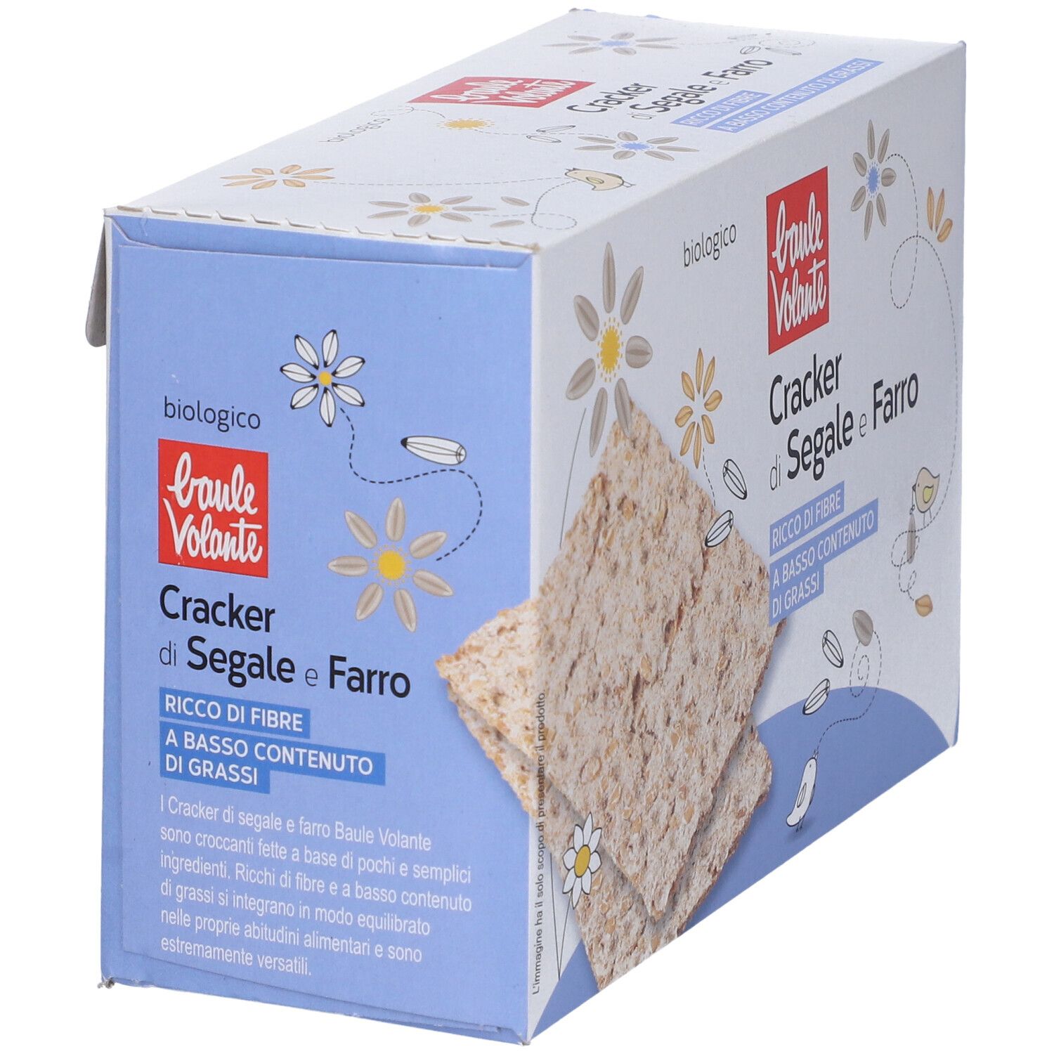 Confezione di cracker di segale e farro. Scritta: Cracker di Segale e Farro, ricco di fibre, a basso contenuto di grassi, biologico.