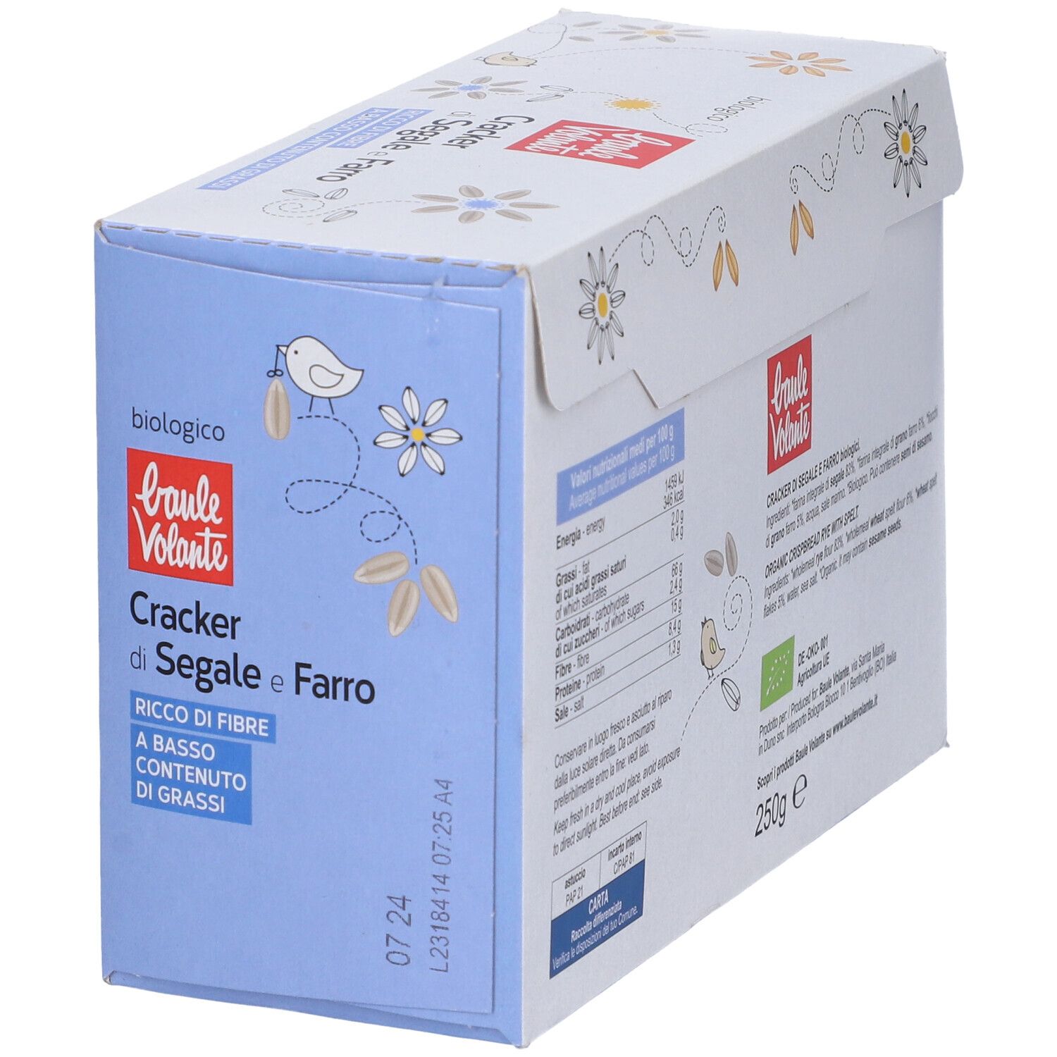 Confezione di cracker di segale e farro. Scritta: Cracker di Segale e Farro, ricco di fibre, a basso contenuto di grassi, biologico.