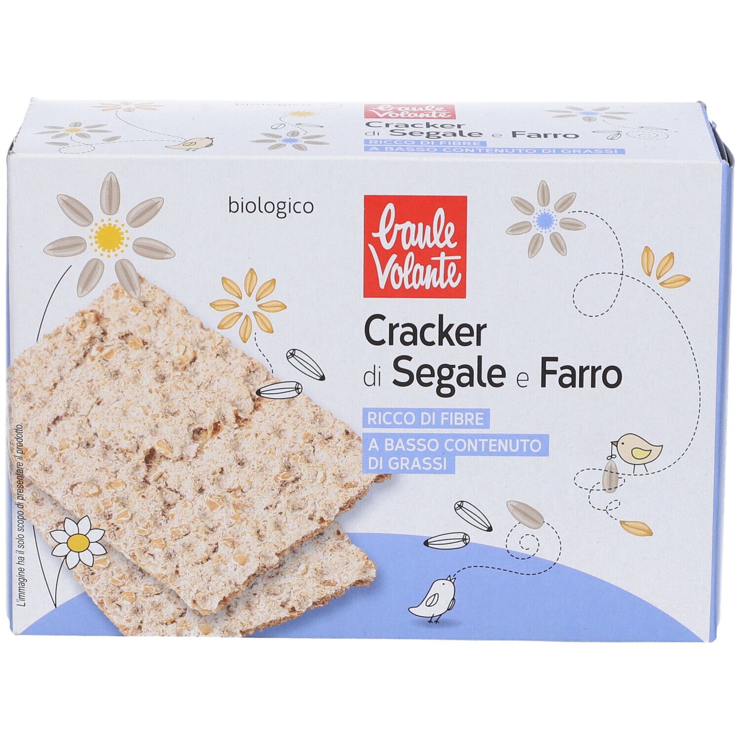 Confezione di cracker di segale e farro. Scritta: Cracker di Segale e Farro, ricco di fibre, a basso contenuto di grassi, biologico.