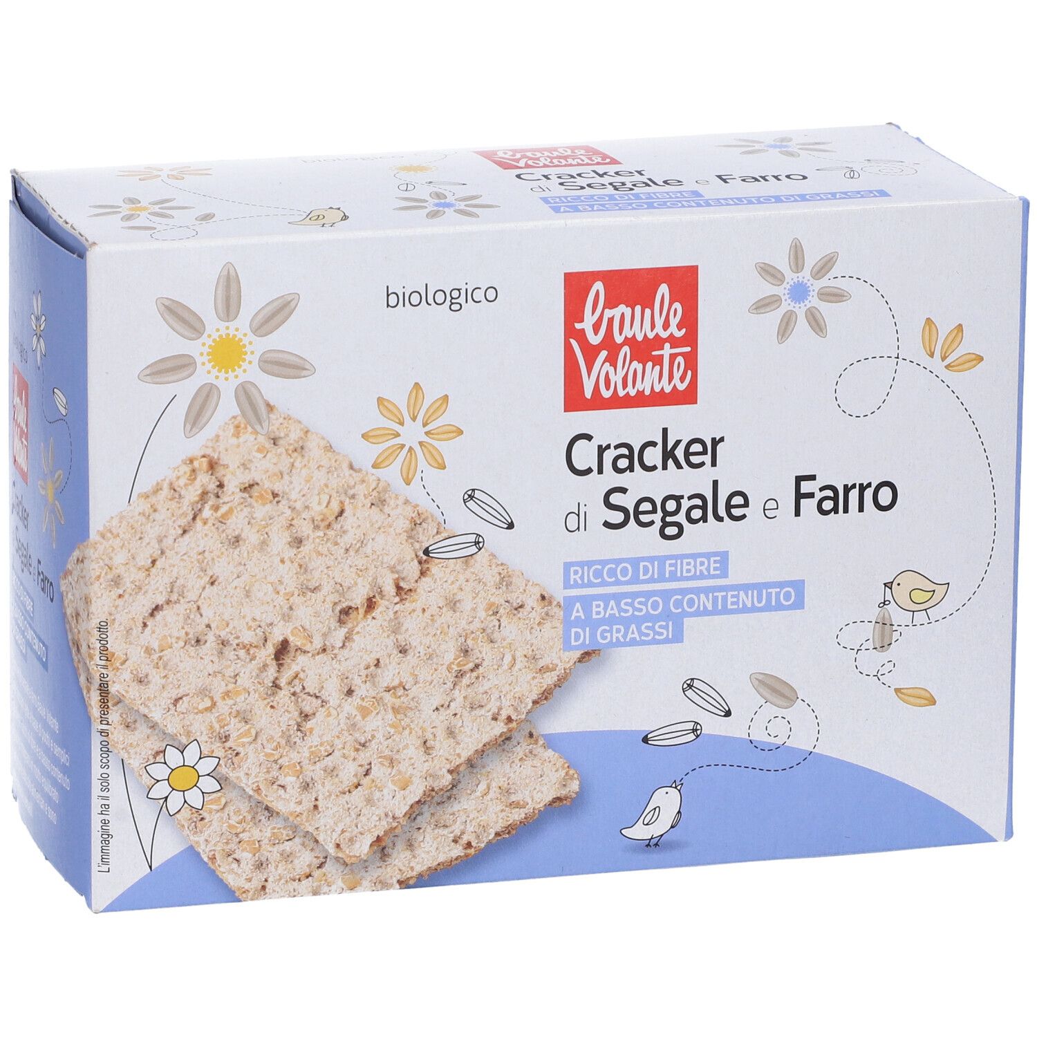 Confezione di cracker di segale e farro. Scritta: Cracker di Segale e Farro, ricco di fibre, a basso contenuto di grassi, biologico.