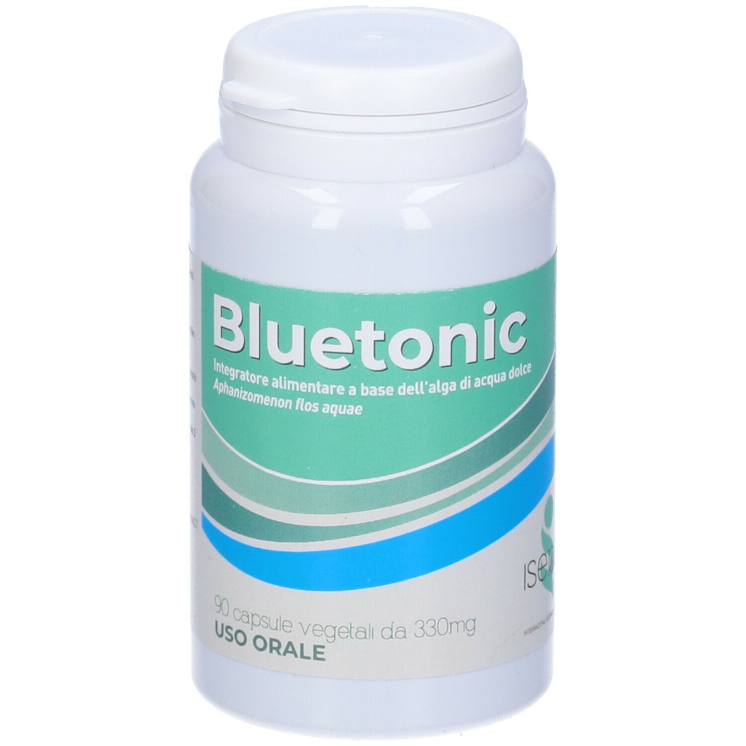 Flacone bianco con scritta blu-verde "Bluetonic". Contiene 90 capsule. Scritta "Uso Orale".