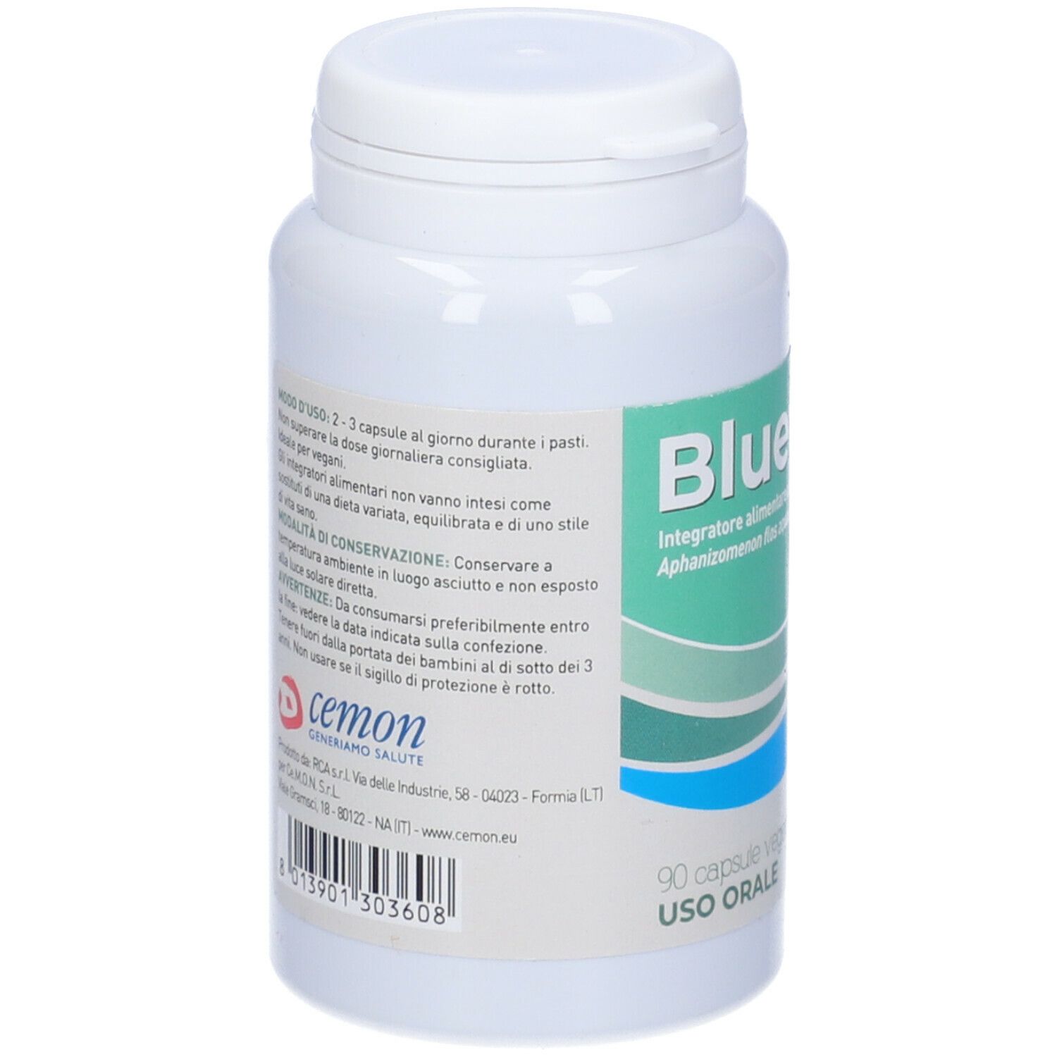 Retro del flacone bianco. Contiene testo su uso e ingredienti. Marchio Cemon.