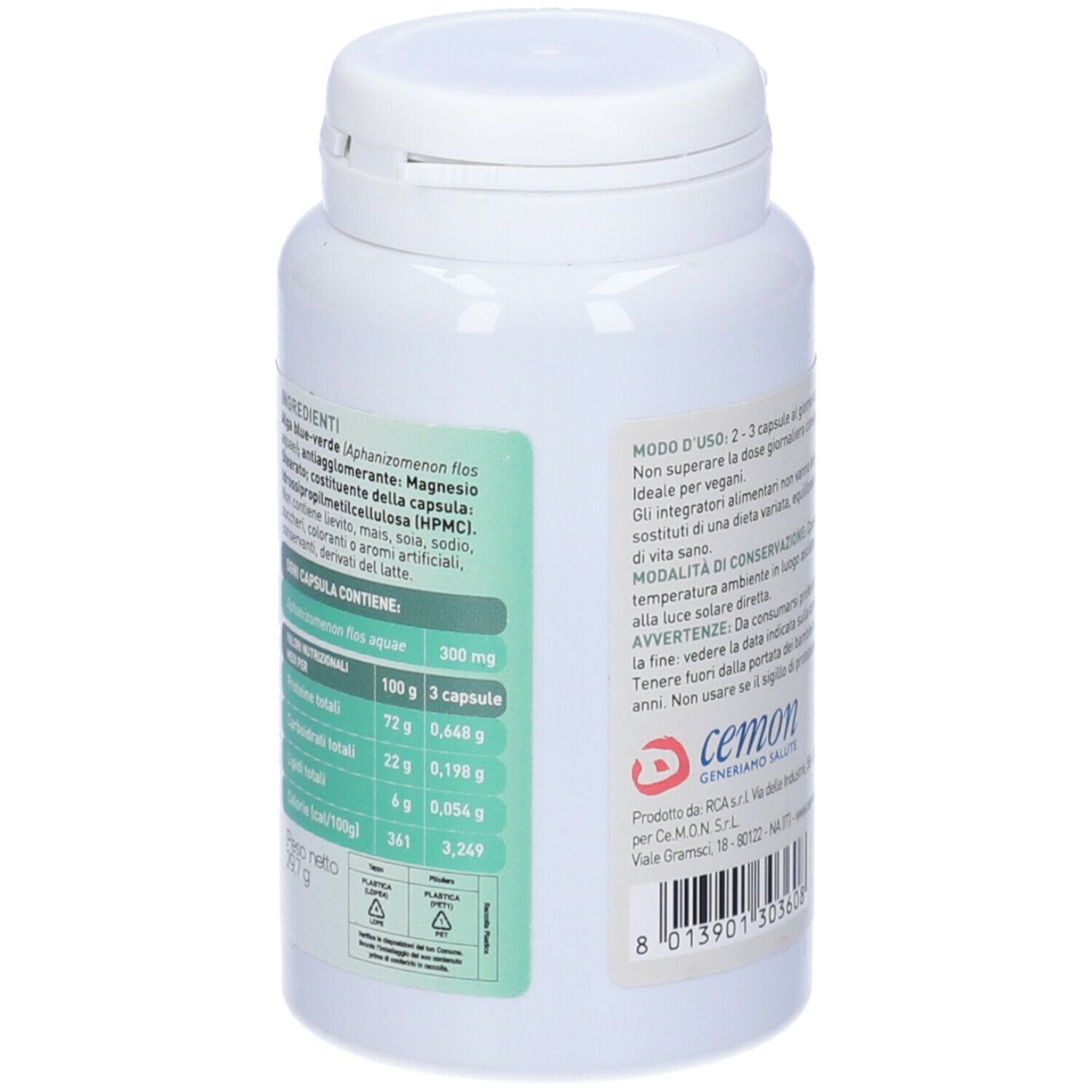 Retro del flacone bianco. Contiene informazioni su ingredienti e valori nutrizionali. Marchio Cemon.