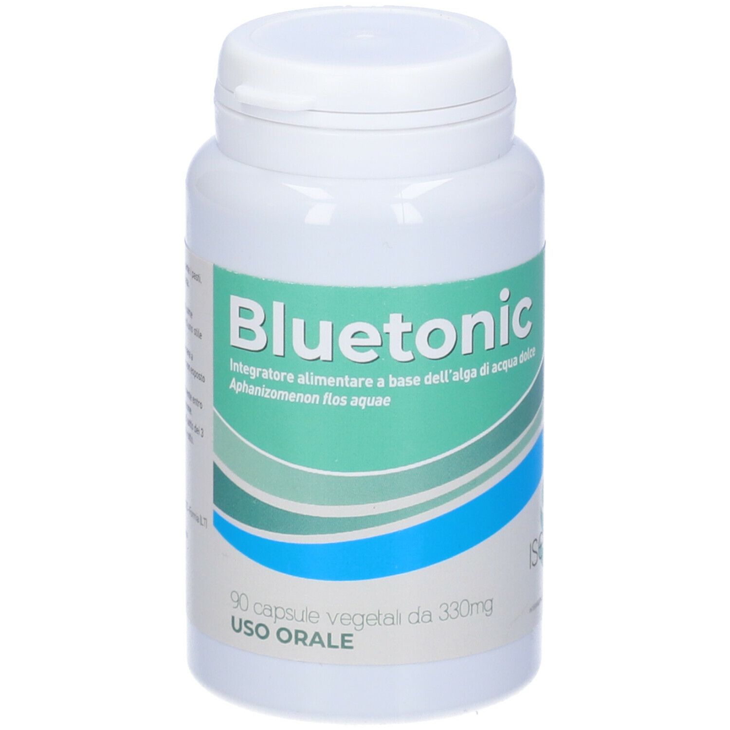 Flacone bianco con scritta blu-verde "Bluetonic". Contiene 90 capsule. Scritta "Uso Orale".