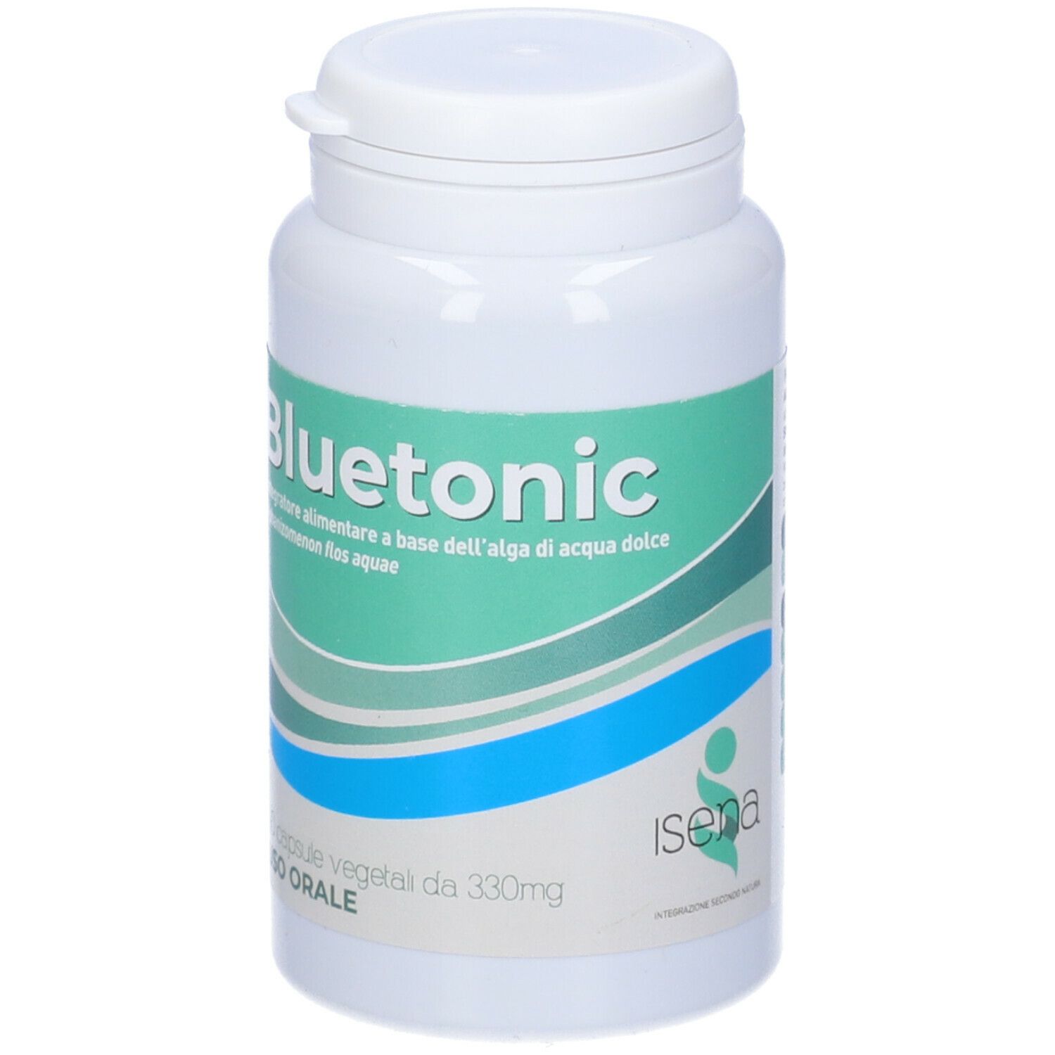 Flacone bianco con scritta blu-verde "Bluetonic". Contiene 90 capsule. Marchio Isena.