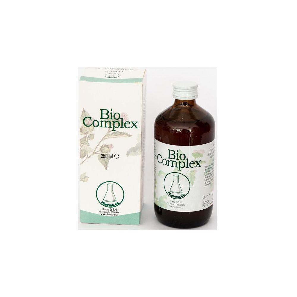 Flacone di vetro marrone e scatola con scritta Bio Complex. Flacone con tappo bianco. Scatola con dettagli verdi.
