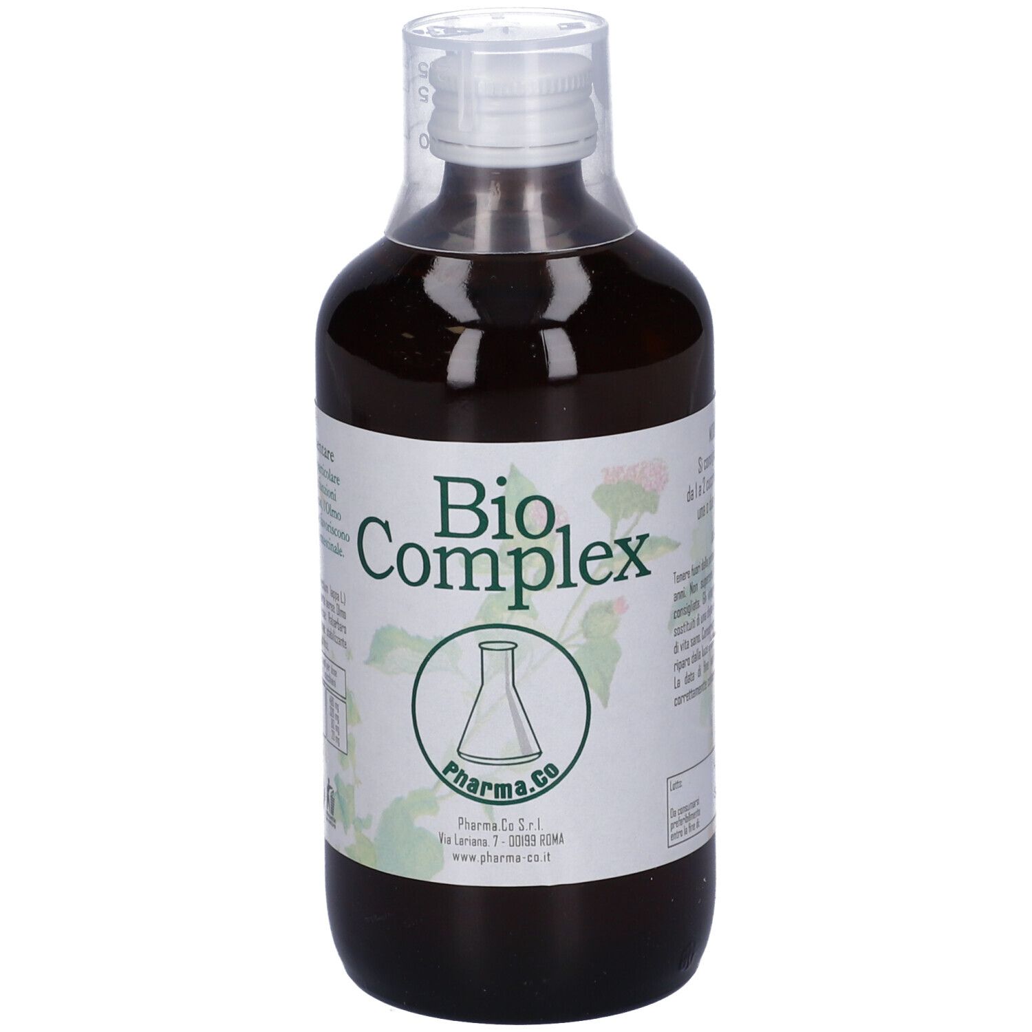 Liquido marrone in una bottiglia con tappo bianco. Scritta Bio Complex e logo. Coperchio in plastica trasparente.
