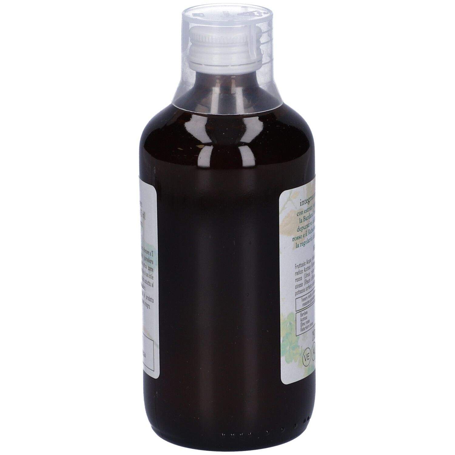 Liquido marrone in una bottiglia con tappo bianco. Scritta Bio Complex e logo. Retro con testo.