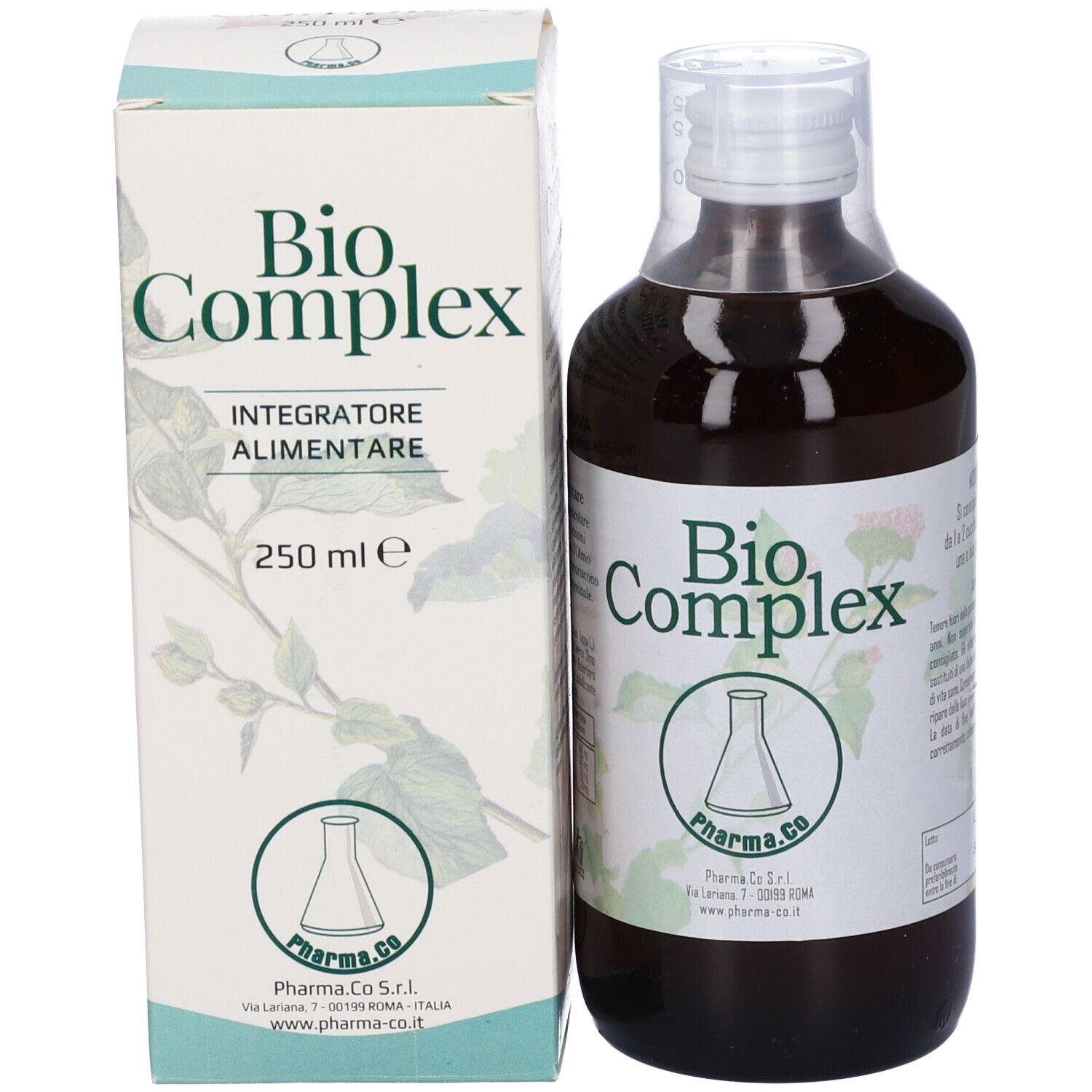 Liquido marrone in una bottiglia con tappo bianco e scatola. Scritta Bio Complex. Scatola con dettagli verdi.