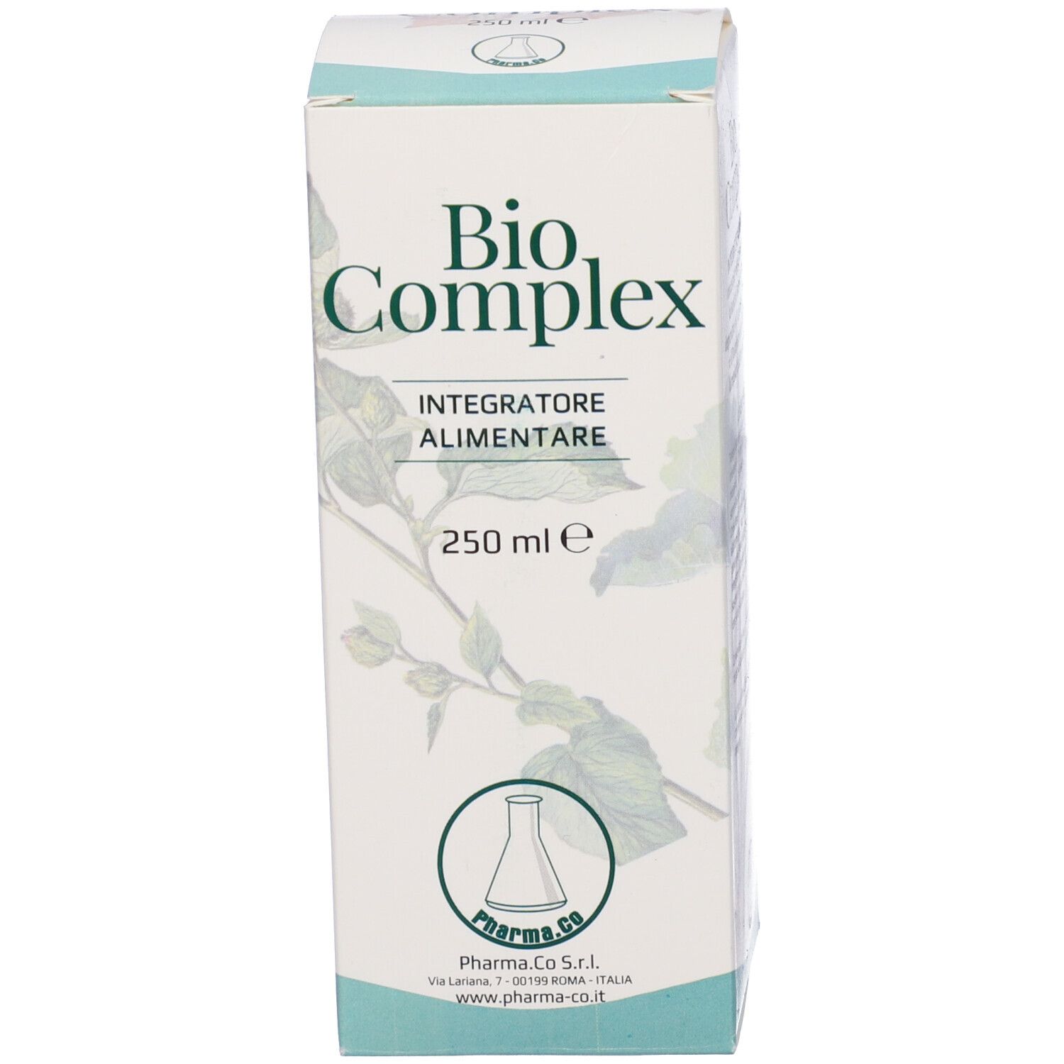 Scatola con scritta Bio Complex. Colori verde e bianco. Nome del prodotto e logo.