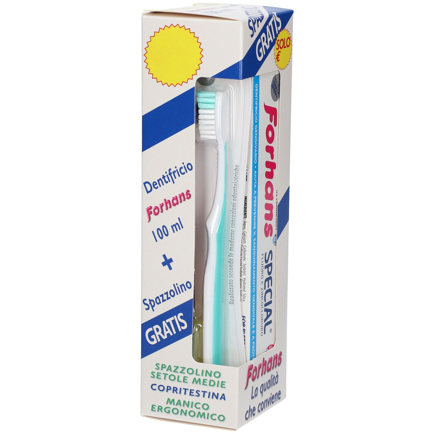 Dentifricio e spazzolino in confezione. Il dentifricio si chiama Forhans Special. Lo spazzolino è blu e bianco.