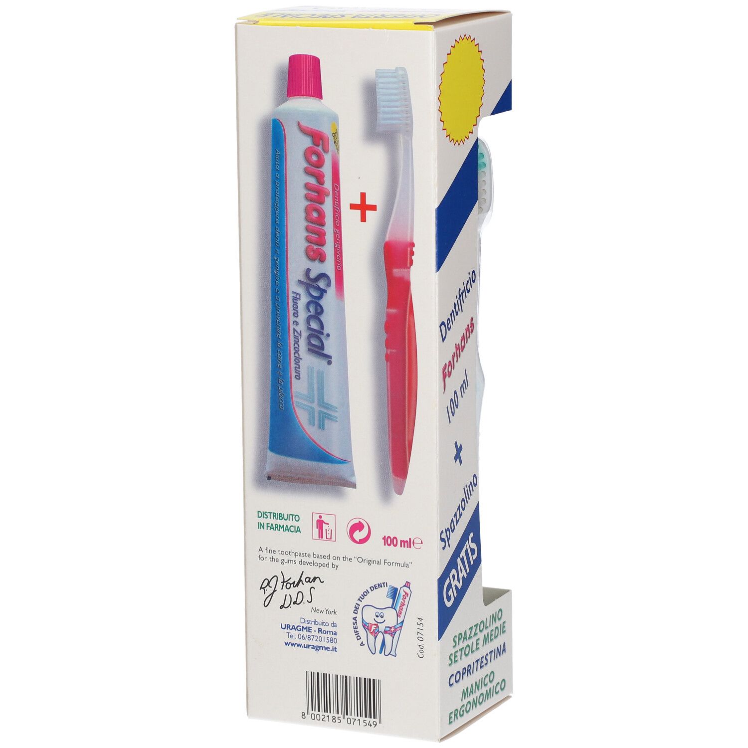 Dentifricio e spazzolino in confezione. Il dentifricio si chiama Forhans Special. Lo spazzolino è rosso.