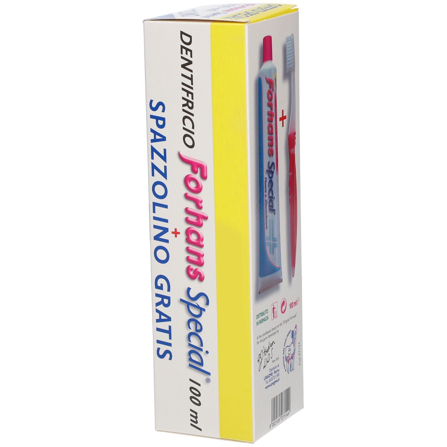 Confezione con dentifricio e spazzolino. Il dentifricio si chiama Forhans Special. La confezione è gialla e bianca.