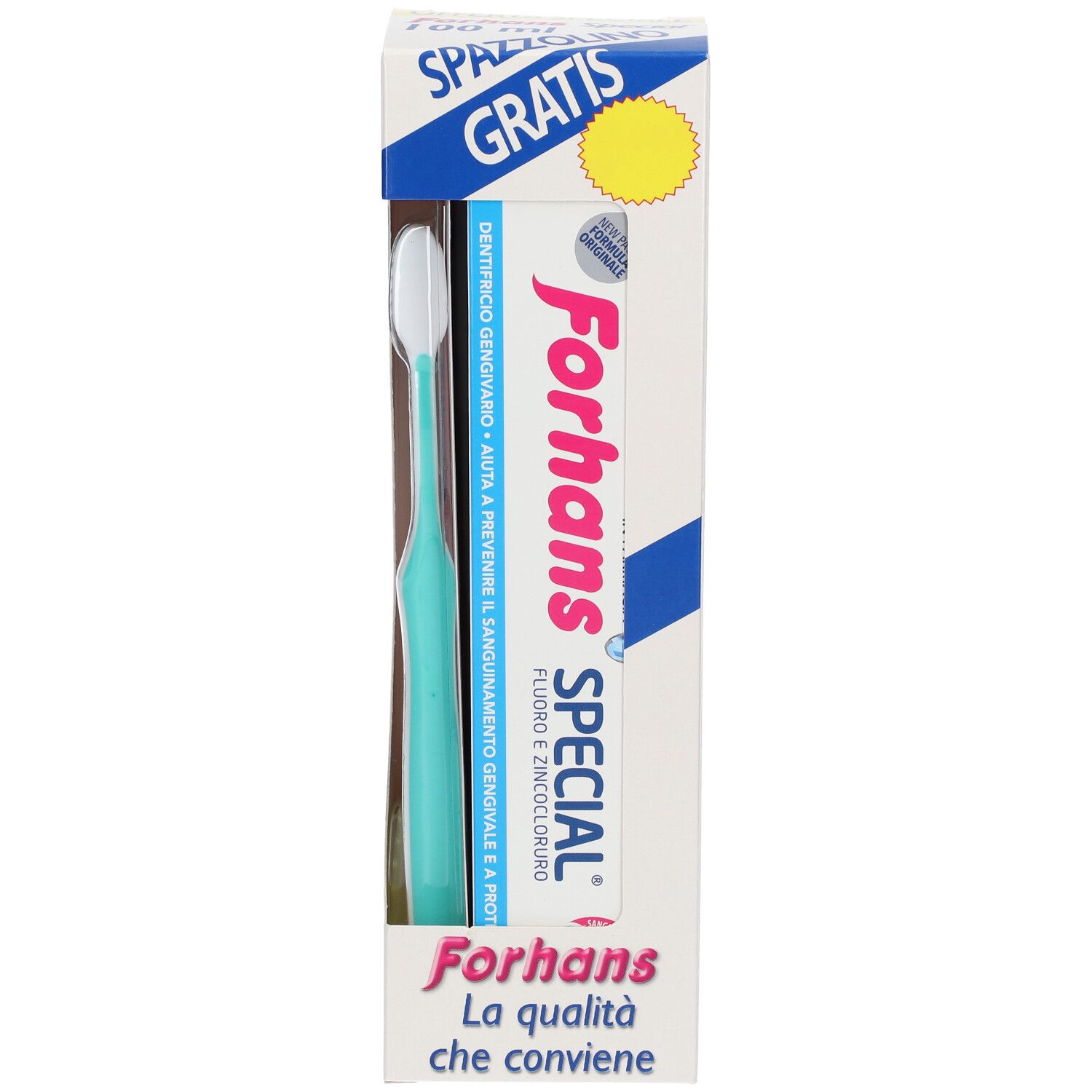 Dentifricio e spazzolino in confezione. Il dentifricio si chiama Forhans Special. Lo spazzolino è verde.